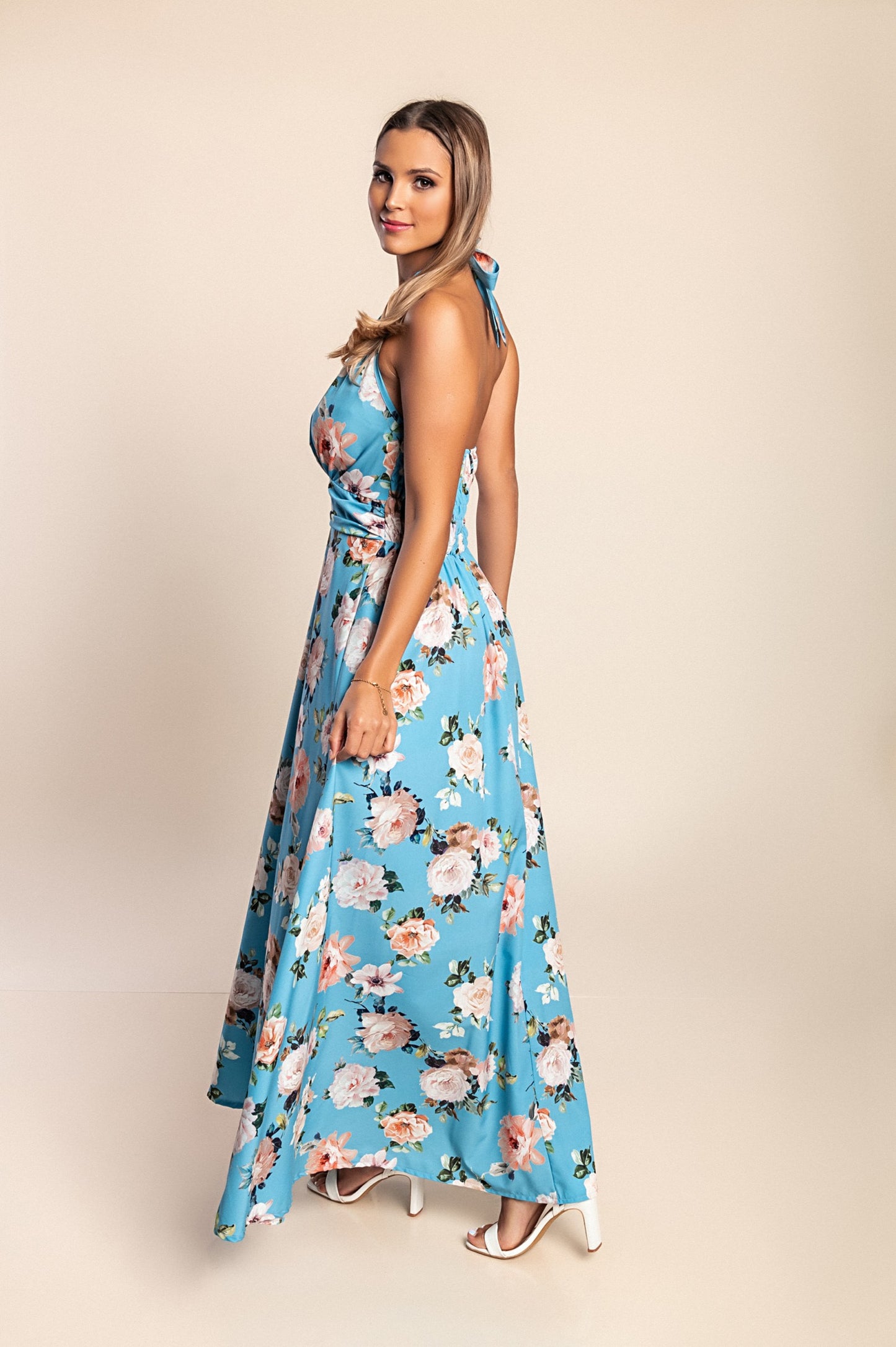 Abito lungo con stampa floreale, azzurro