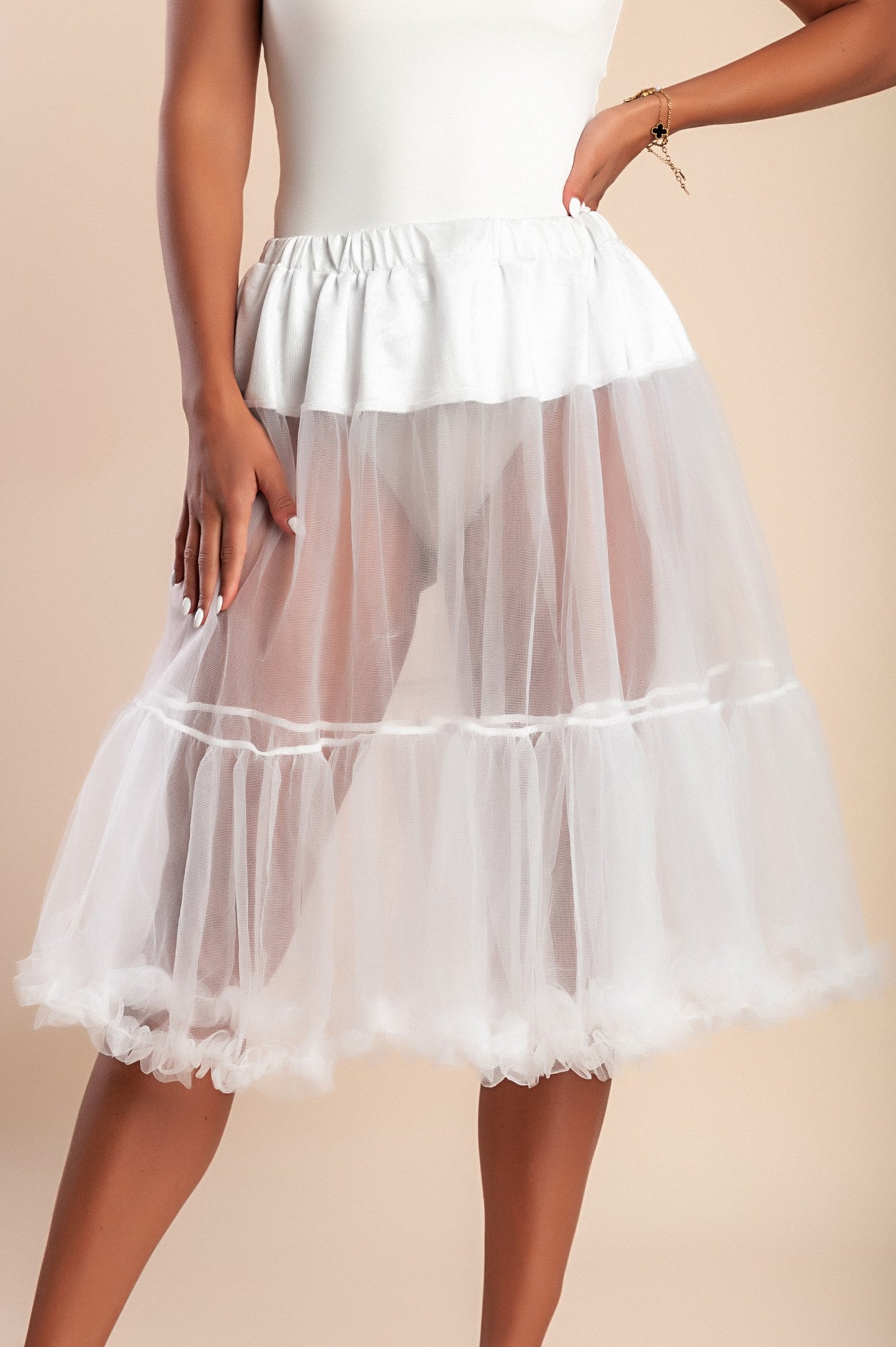 Gonna midi in tulle trasparente, bianca