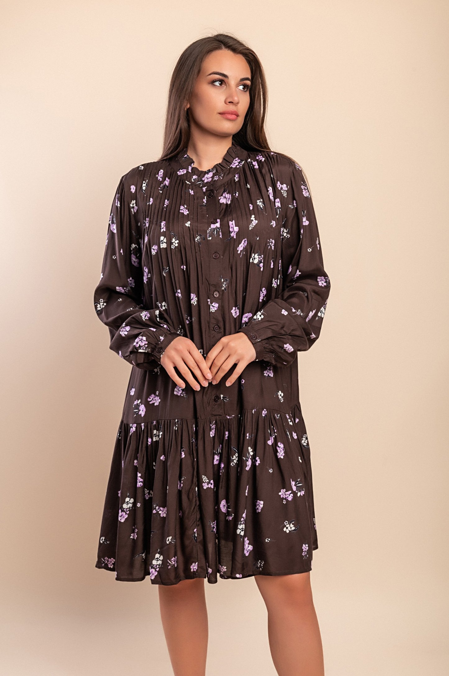 Abito midi con stampa, marrone