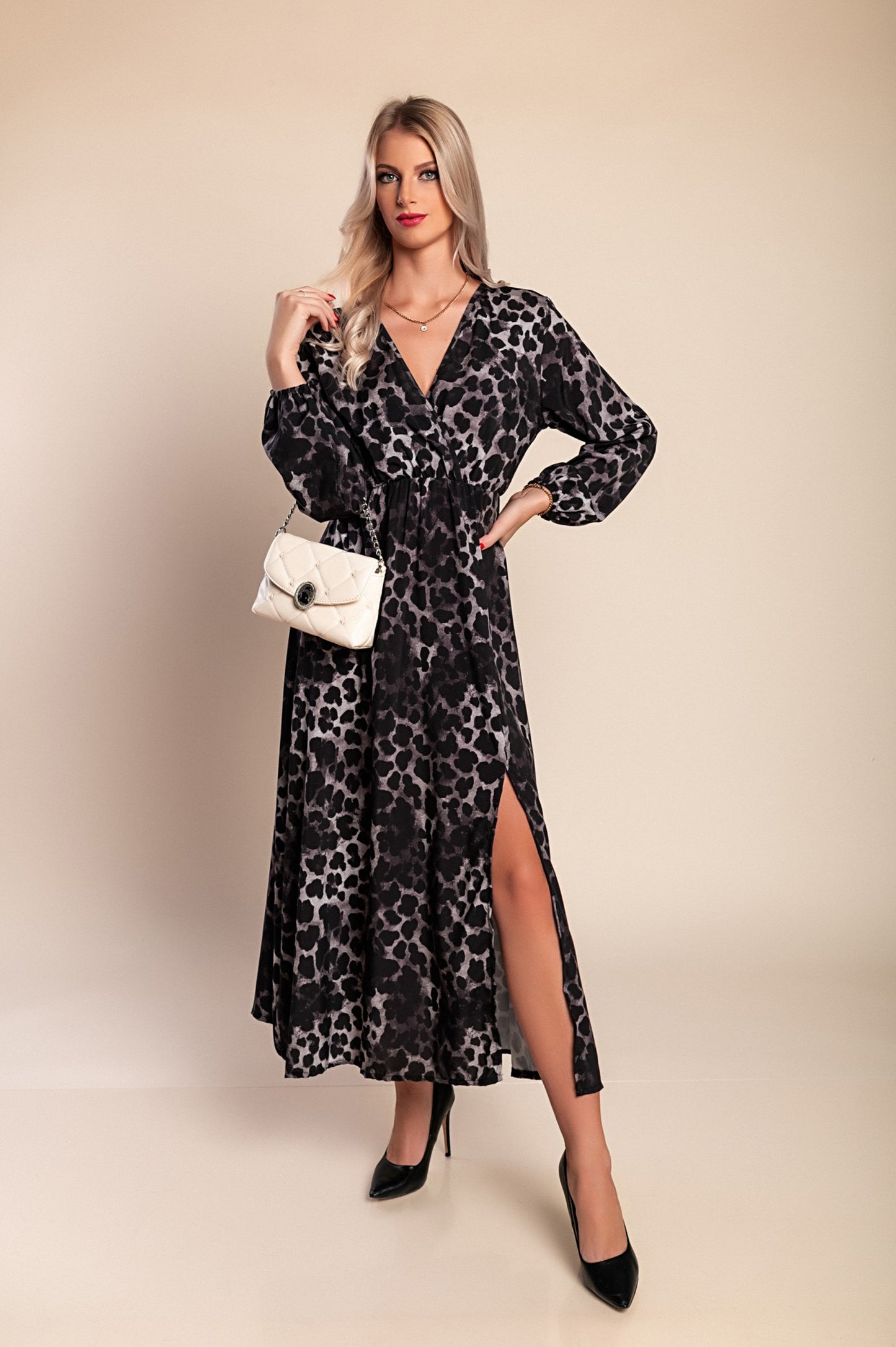 Abito lungo con stampa leopardata, beige