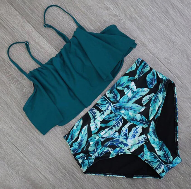 Costume da bagno due pezzi con volant, petrolio