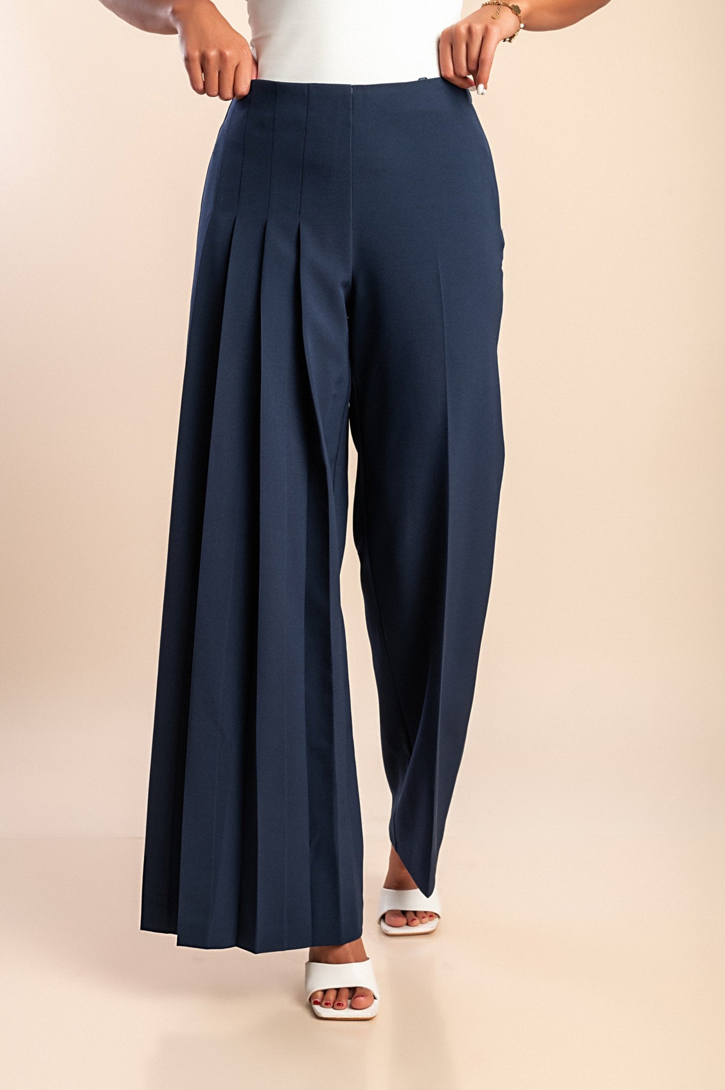 Pantaloni eleganti con pieghe taglie forti, blu