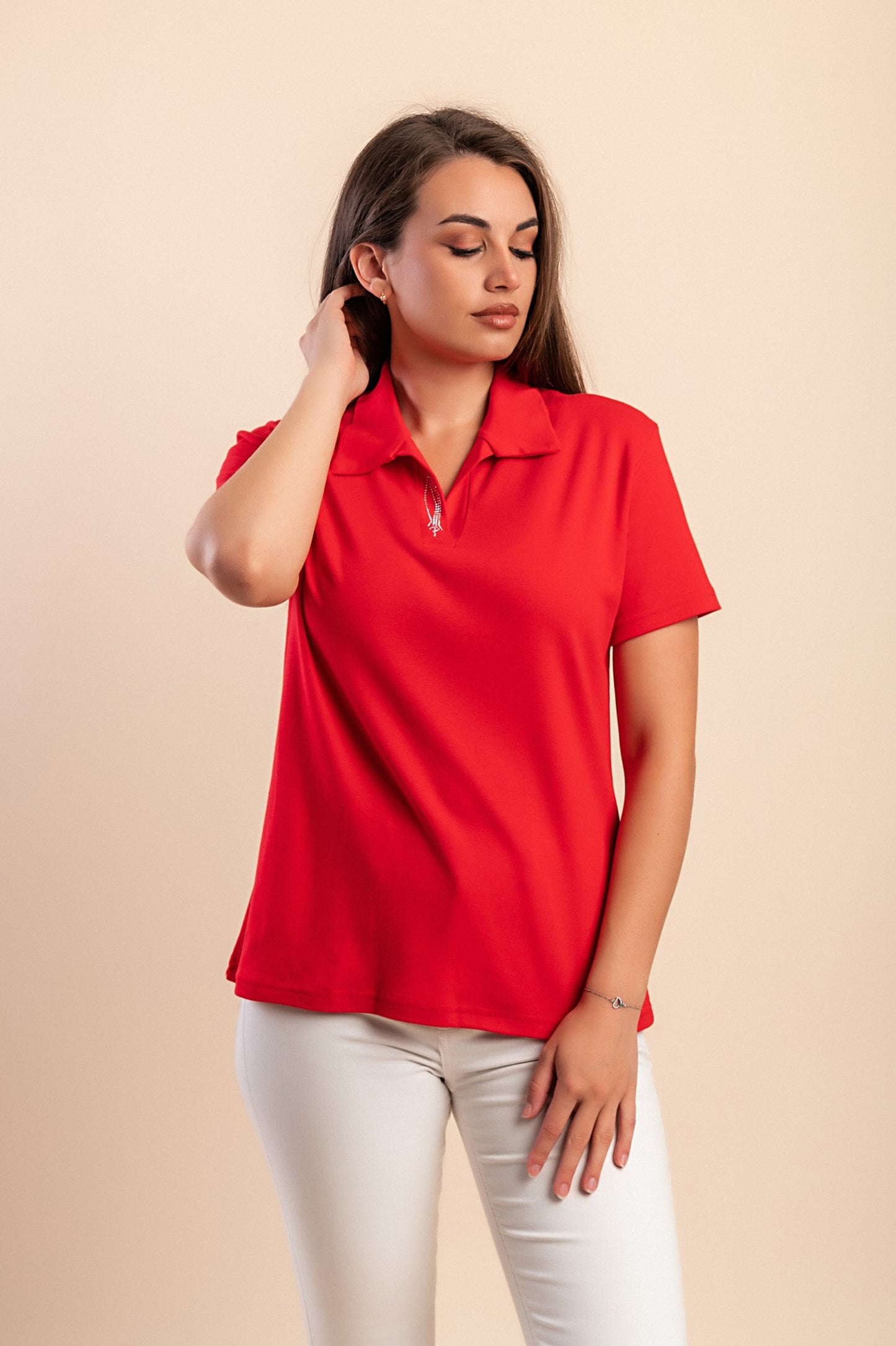 Maglietta in cotone con colletto, rossa