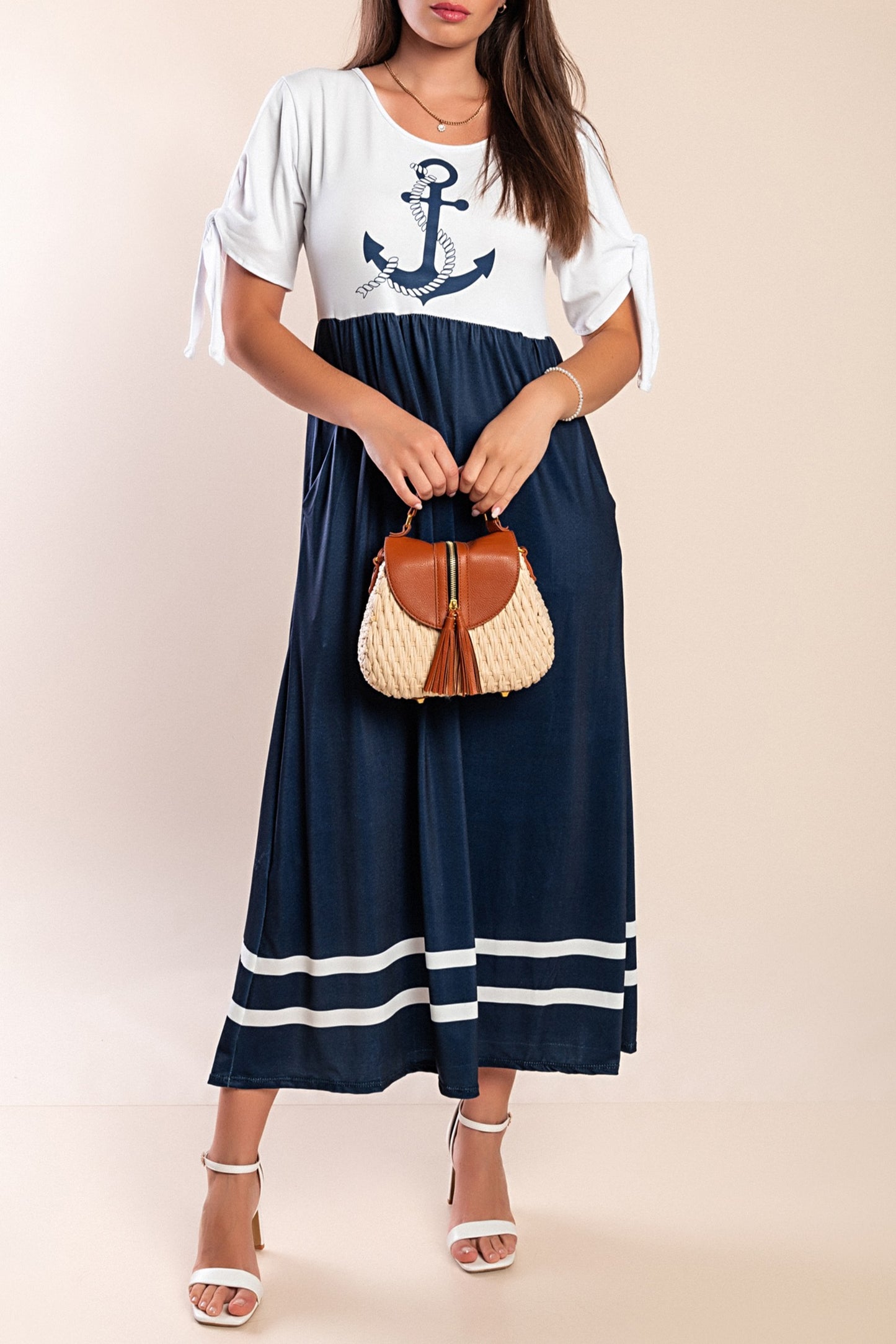 Abito midi con stampa ancora, bianco/blu navy