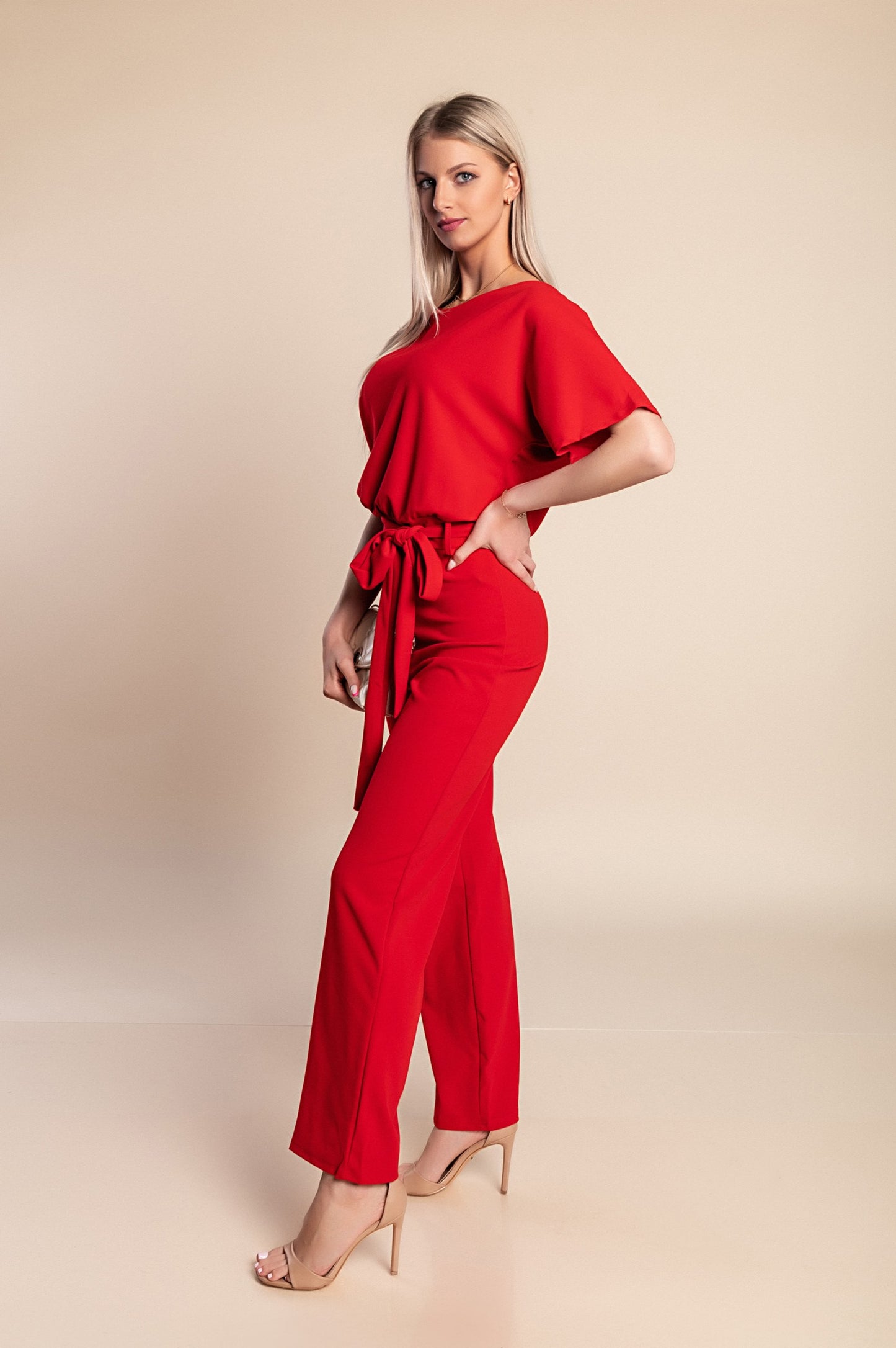 Tuta fashion con pantaloni lunghi ampi e maniche corte Nelia, albicocca