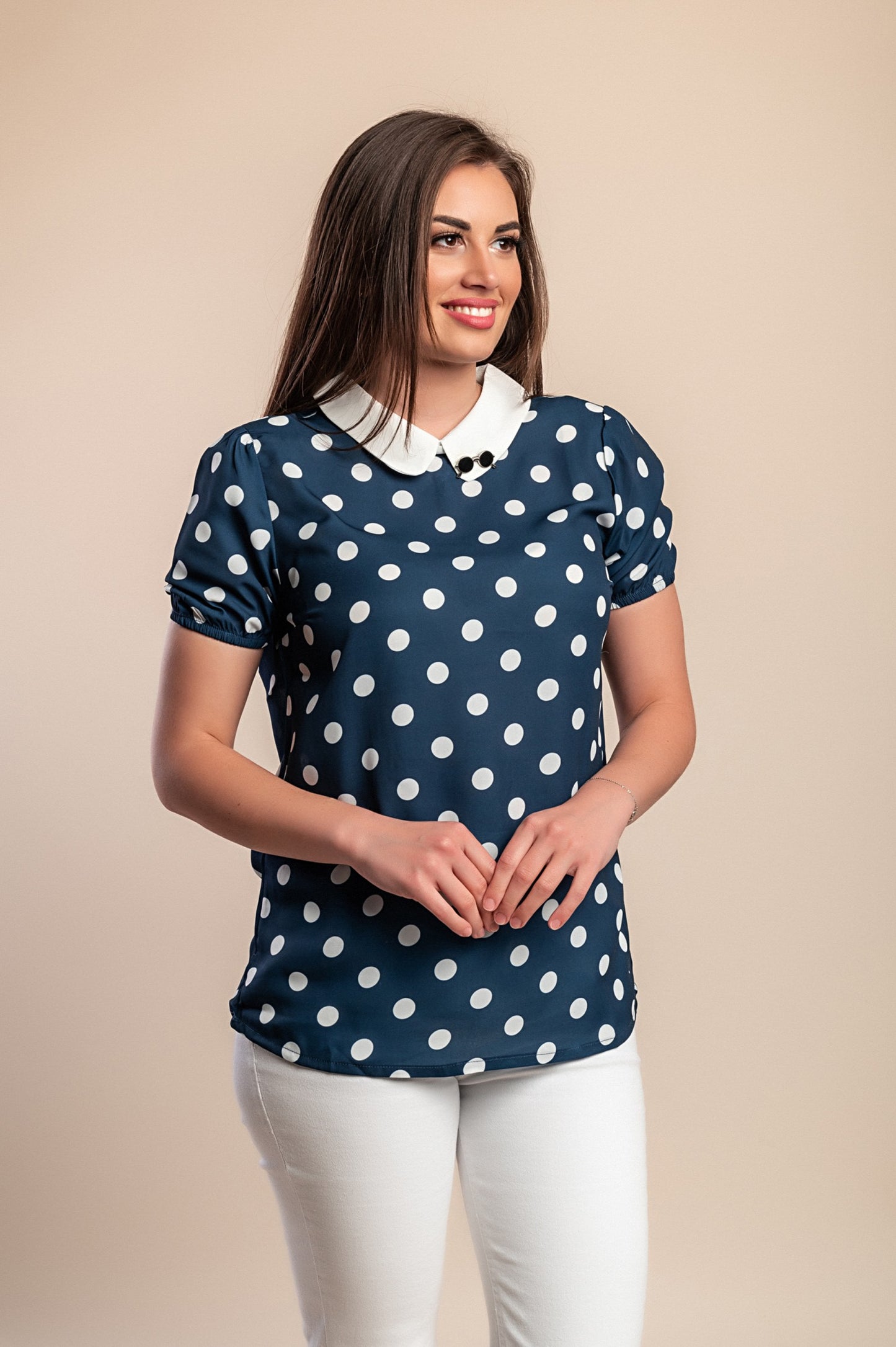 Top con stampa a pois, blu scuro
