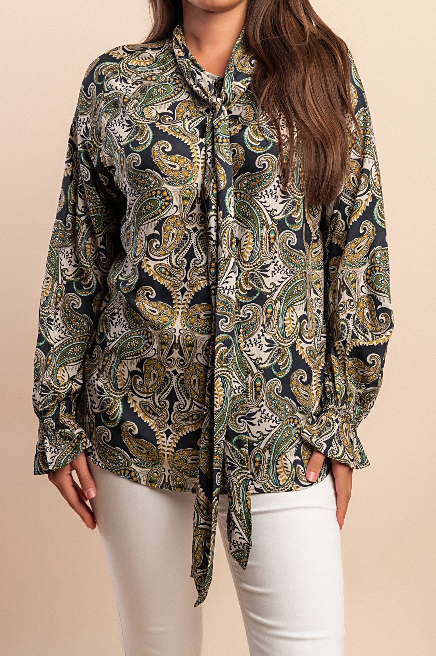 Blusa elegante taglia forte con stampa, verde