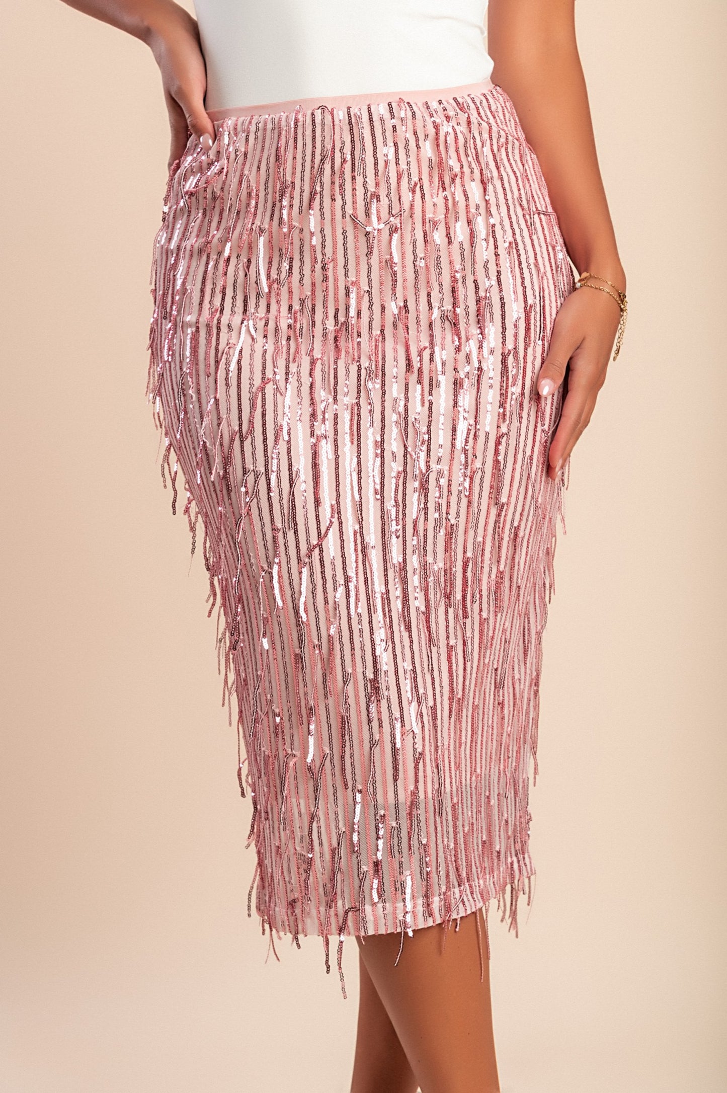 Elegante gonna midi con paillettes, rosa
