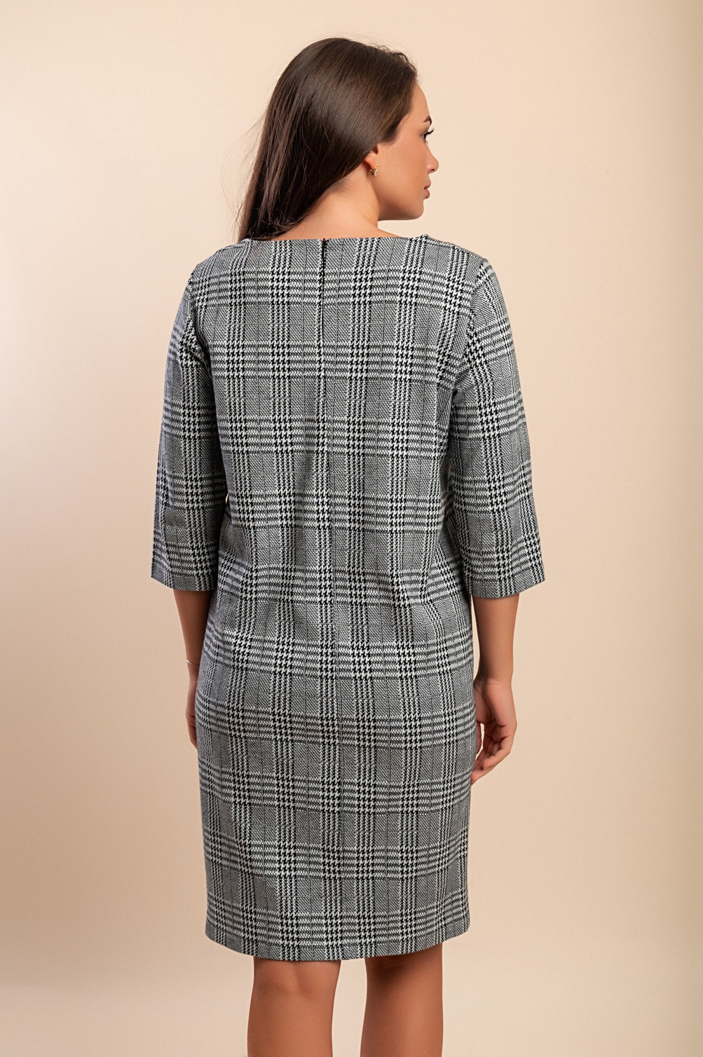 Abito midi con stampa a quadri, grigio