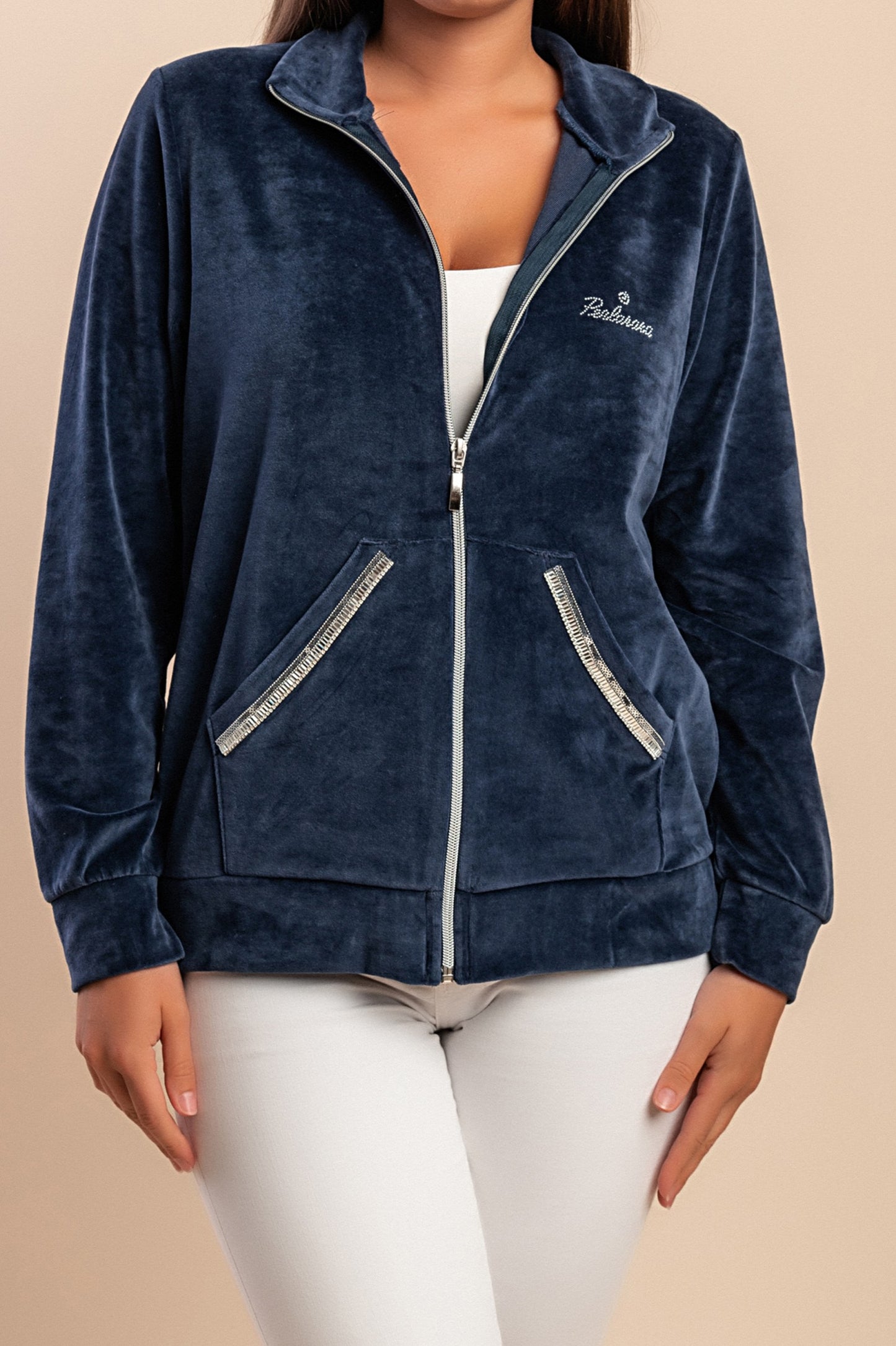 Felpa con zip in cotone e velluto sintetico, blu scuro