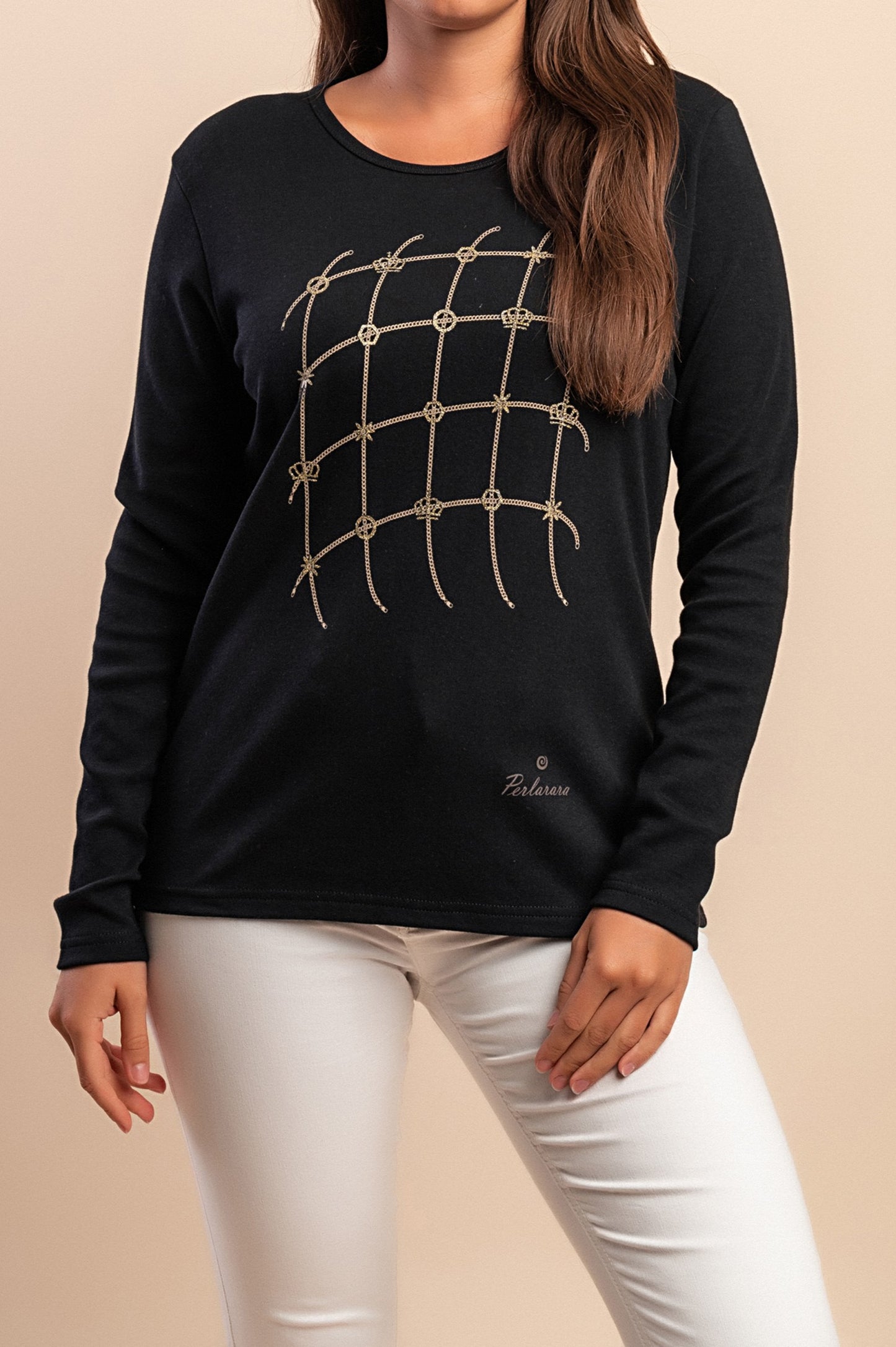 Top a maniche lunghe in cotone, nero