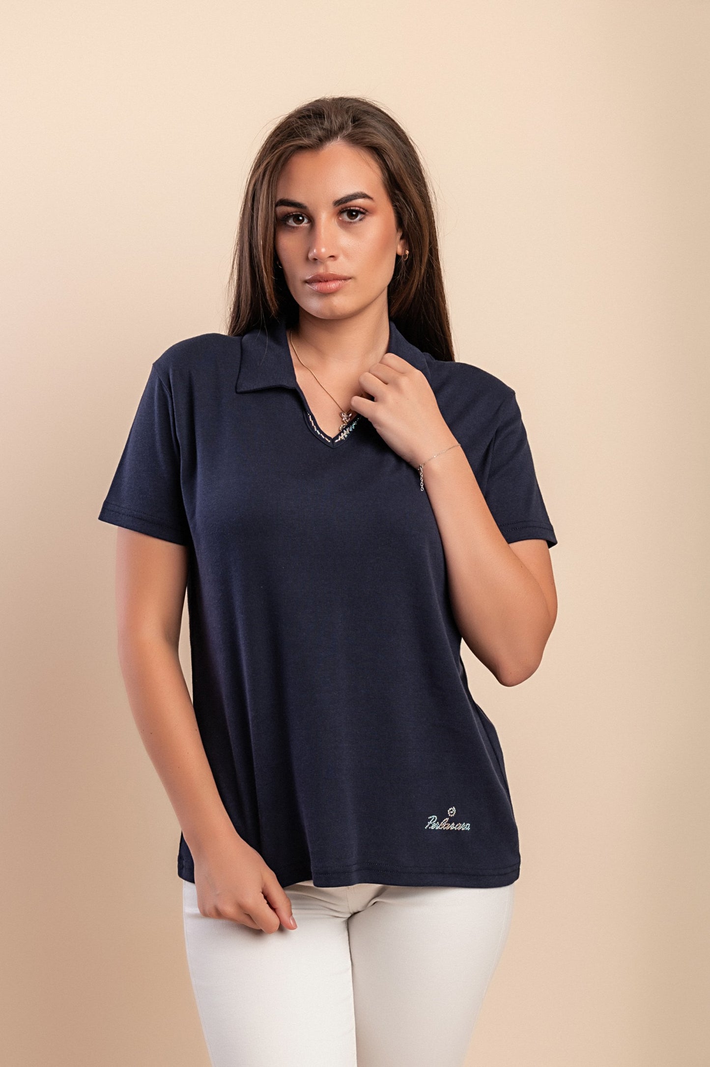T-shirt in cotone con colletto, blu scuro
