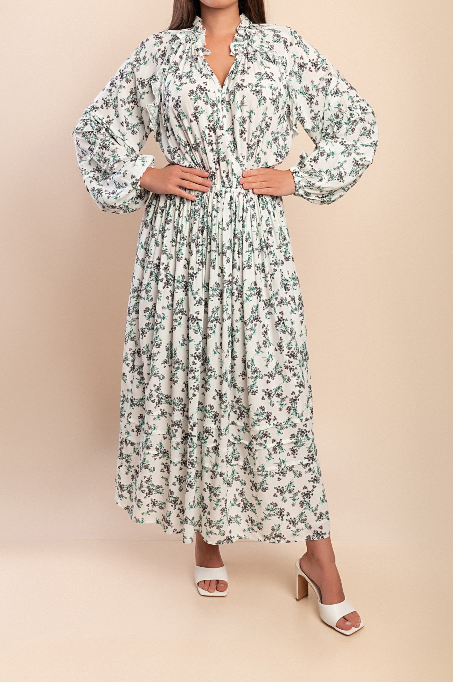 Abito lungo con stampa floreale, bianco