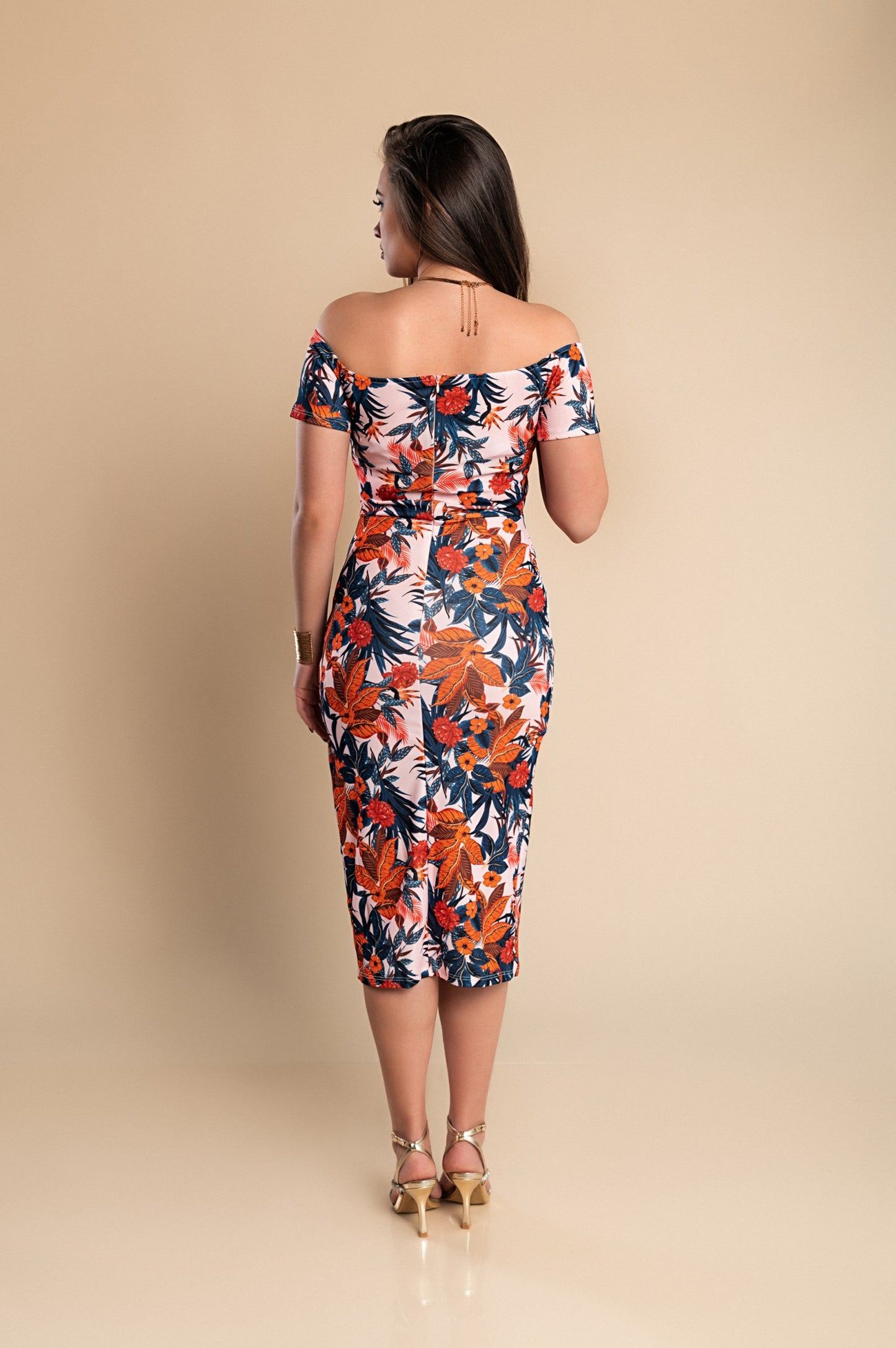 Elegante abito midi con stampa floreale, rosa chiaro