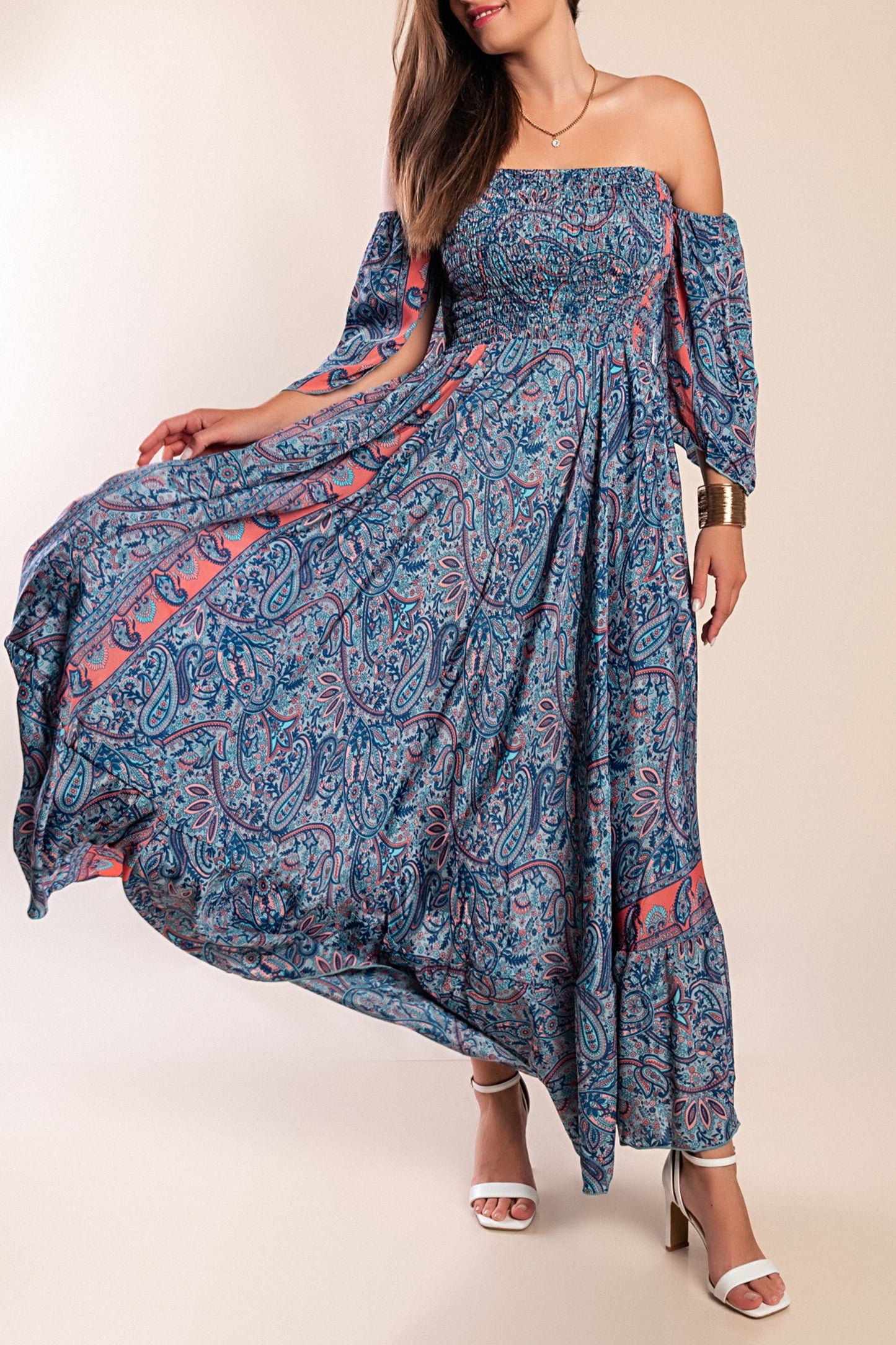 Abito maxi con stampa, multicolore