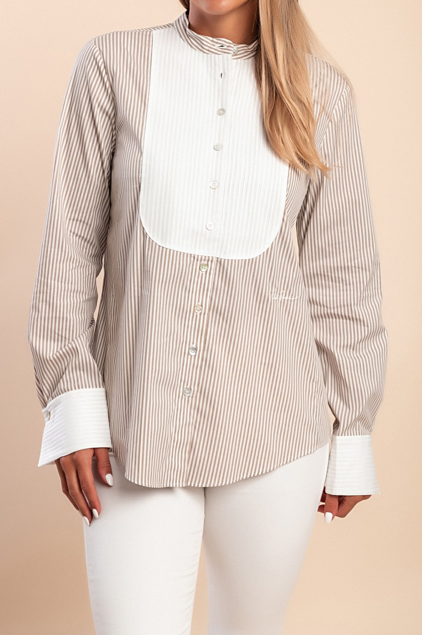 Camicia in cotone con stampa a righe, beige