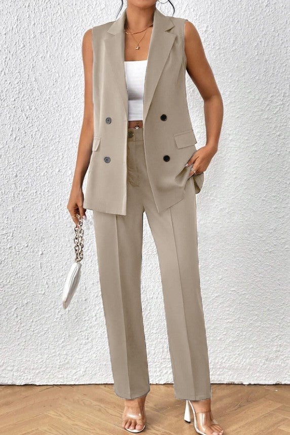 Elegante completo giacca senza maniche e pantaloni, blu