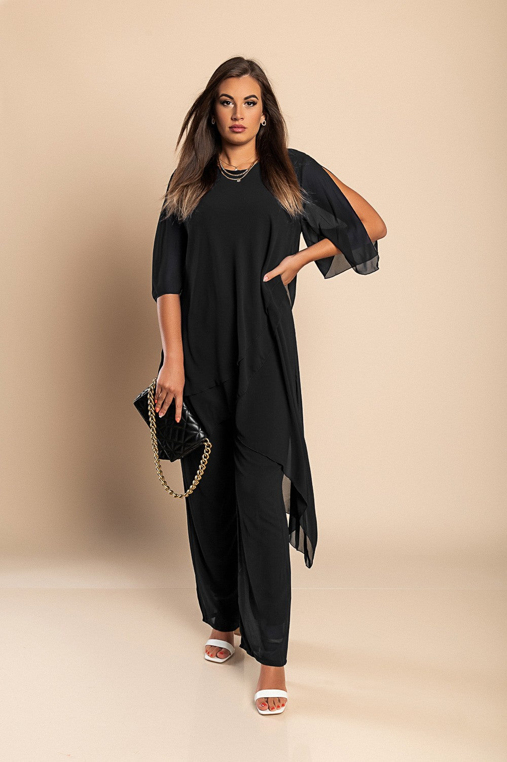 Set di elegante tunica traslucida e pantaloni lunghi Claudette, neri