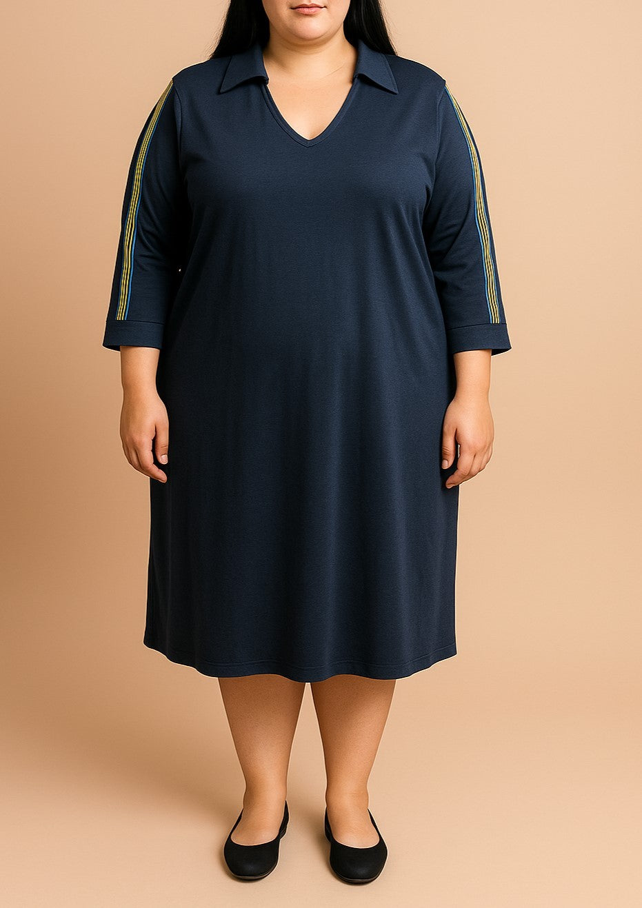 Abito midi taglie forti con colletto, blu scuro