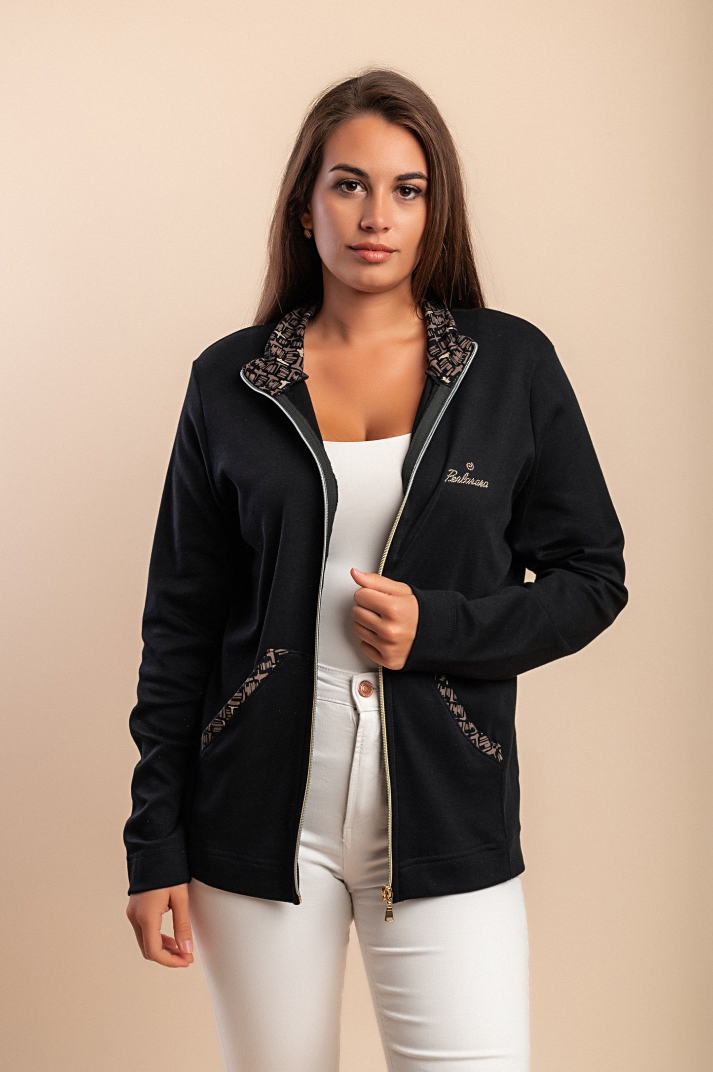 Felpa con zip in cotone, nera