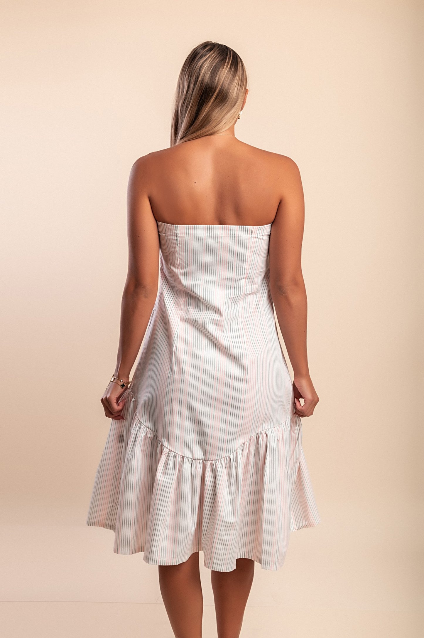Abito midi in cotone con stampa a righe, bianco