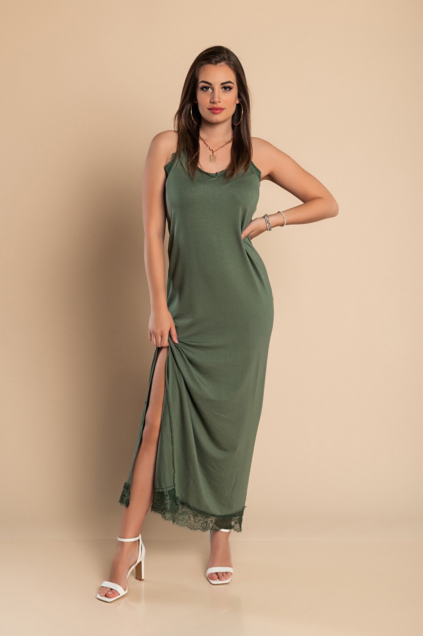 VESTITO MAXI CON PIZZO PRIMAROSA, NERO