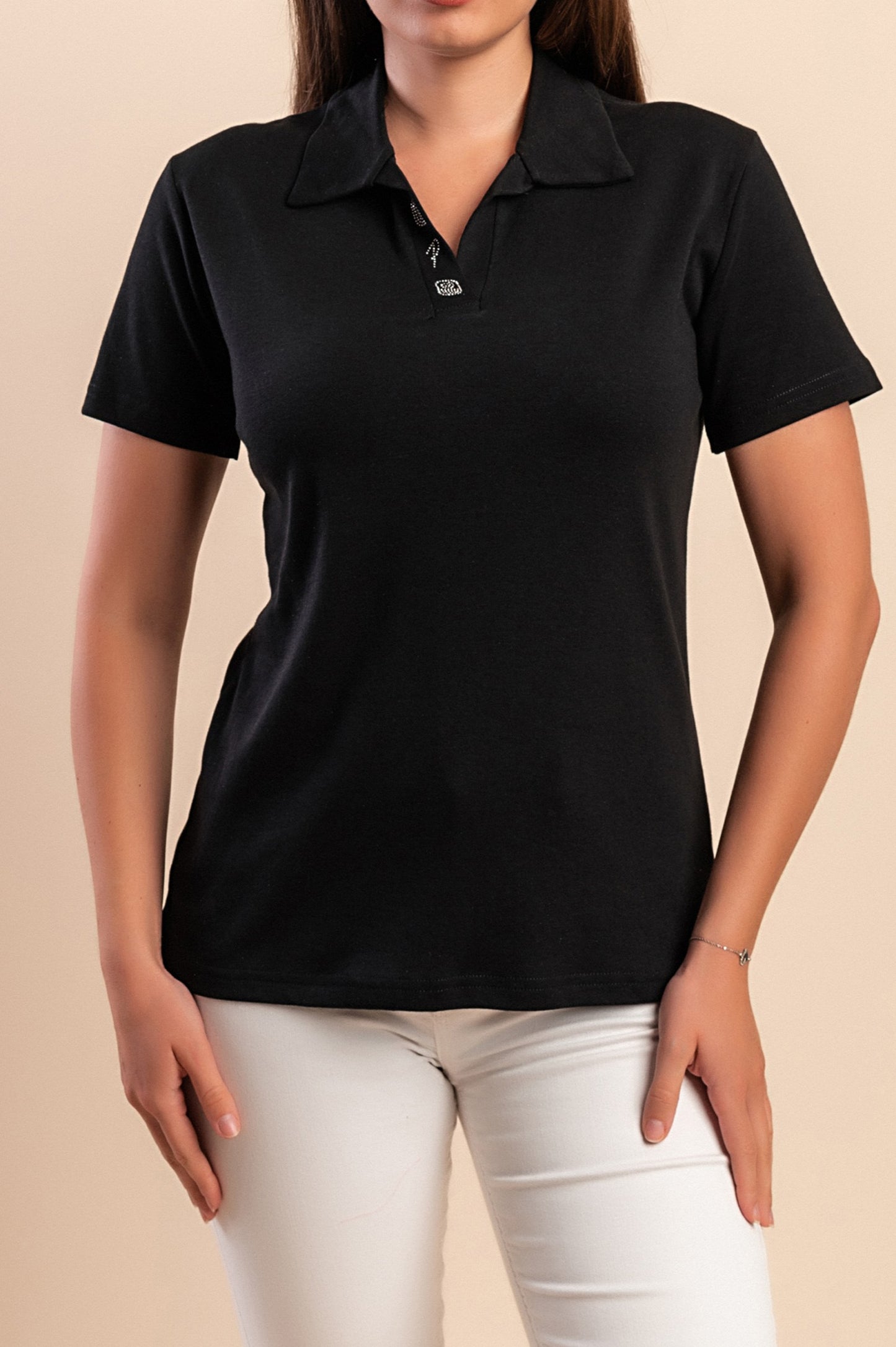 T-shirt in cotone con colletto, nera