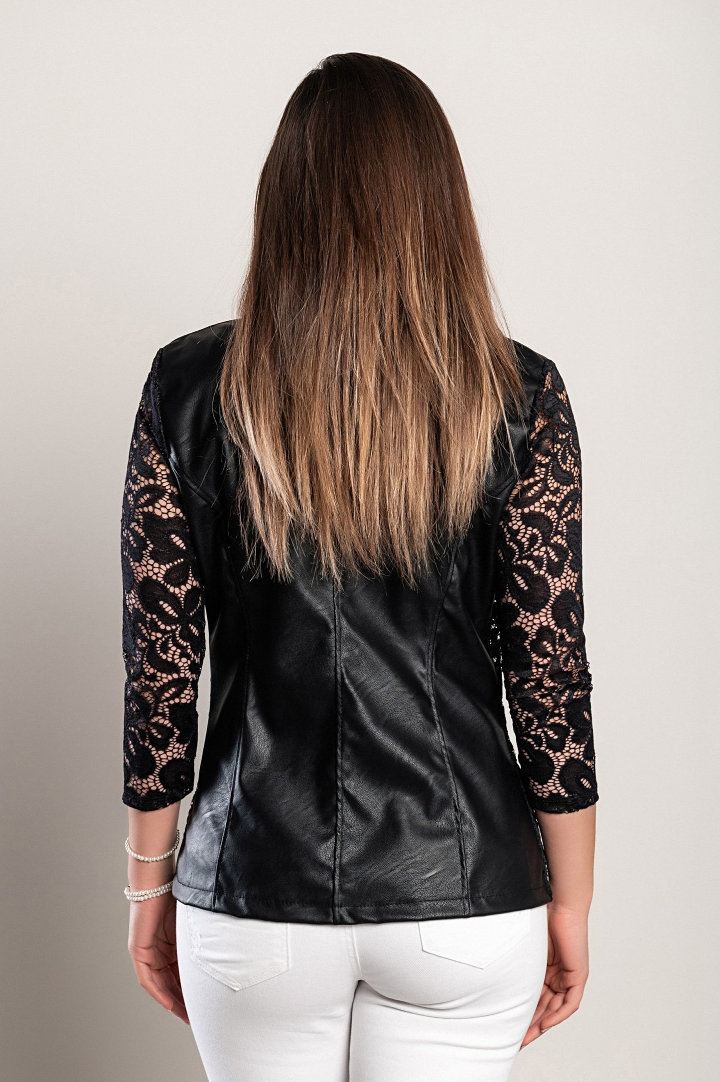 Blazer in ecopelle con inserti in pizzo traslucido Amalfi, nero