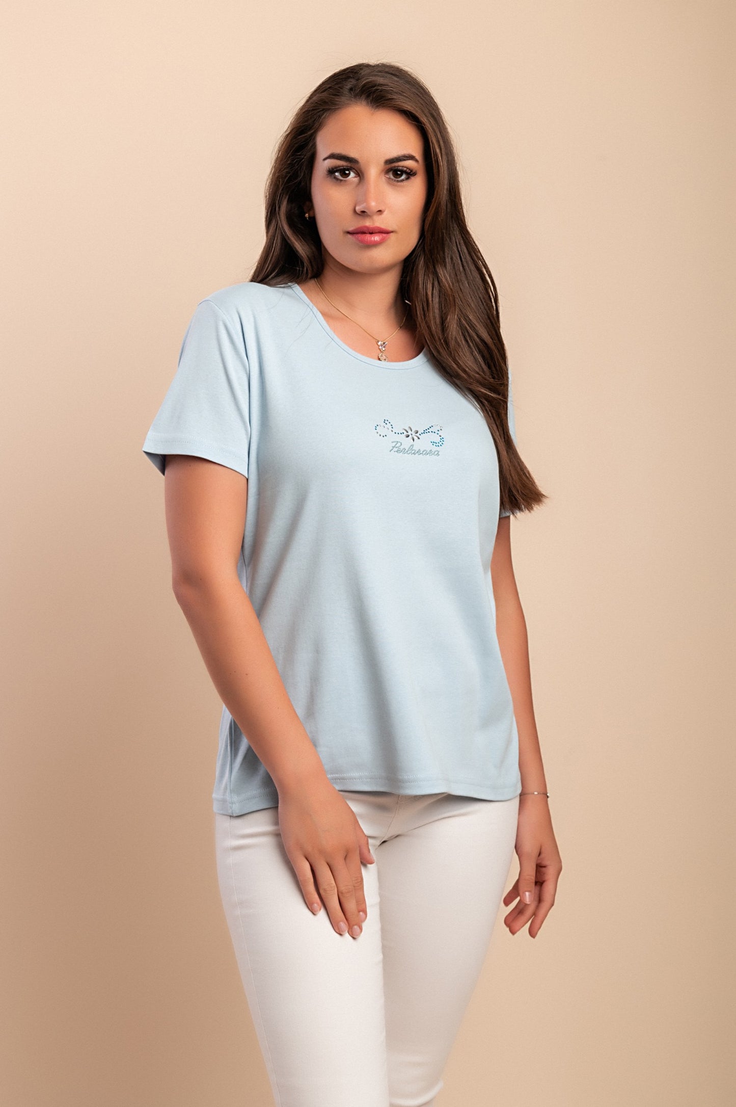 T-shirt in cotone con scollo tondo, azzurra