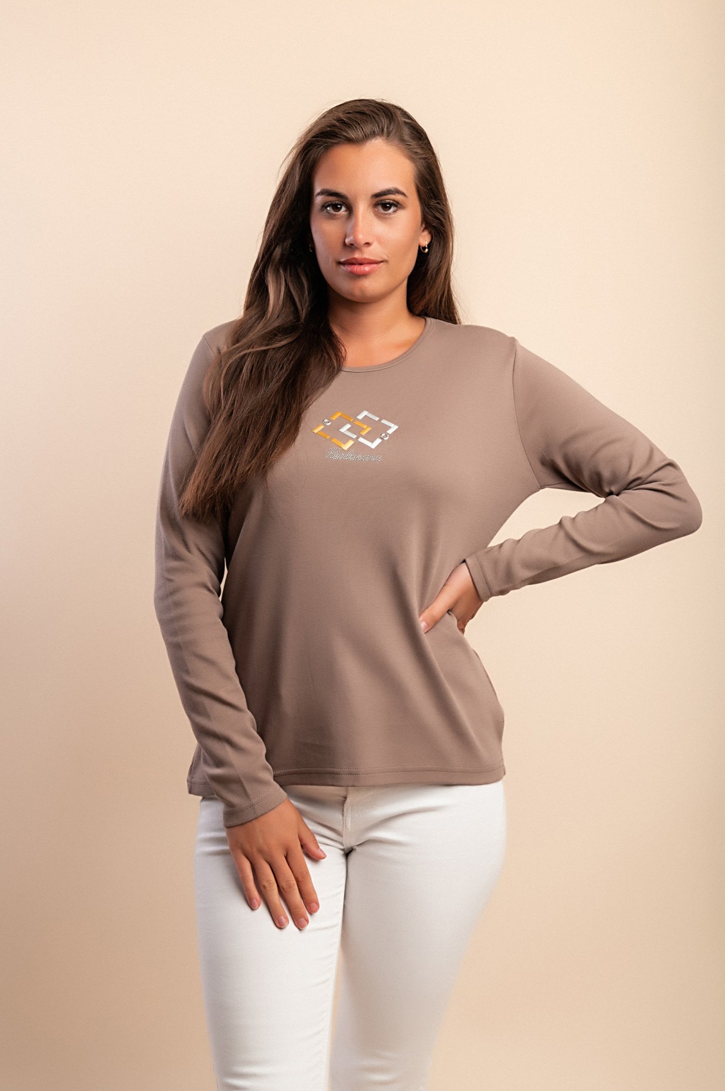Top in cotone a maniche lunghe, beige