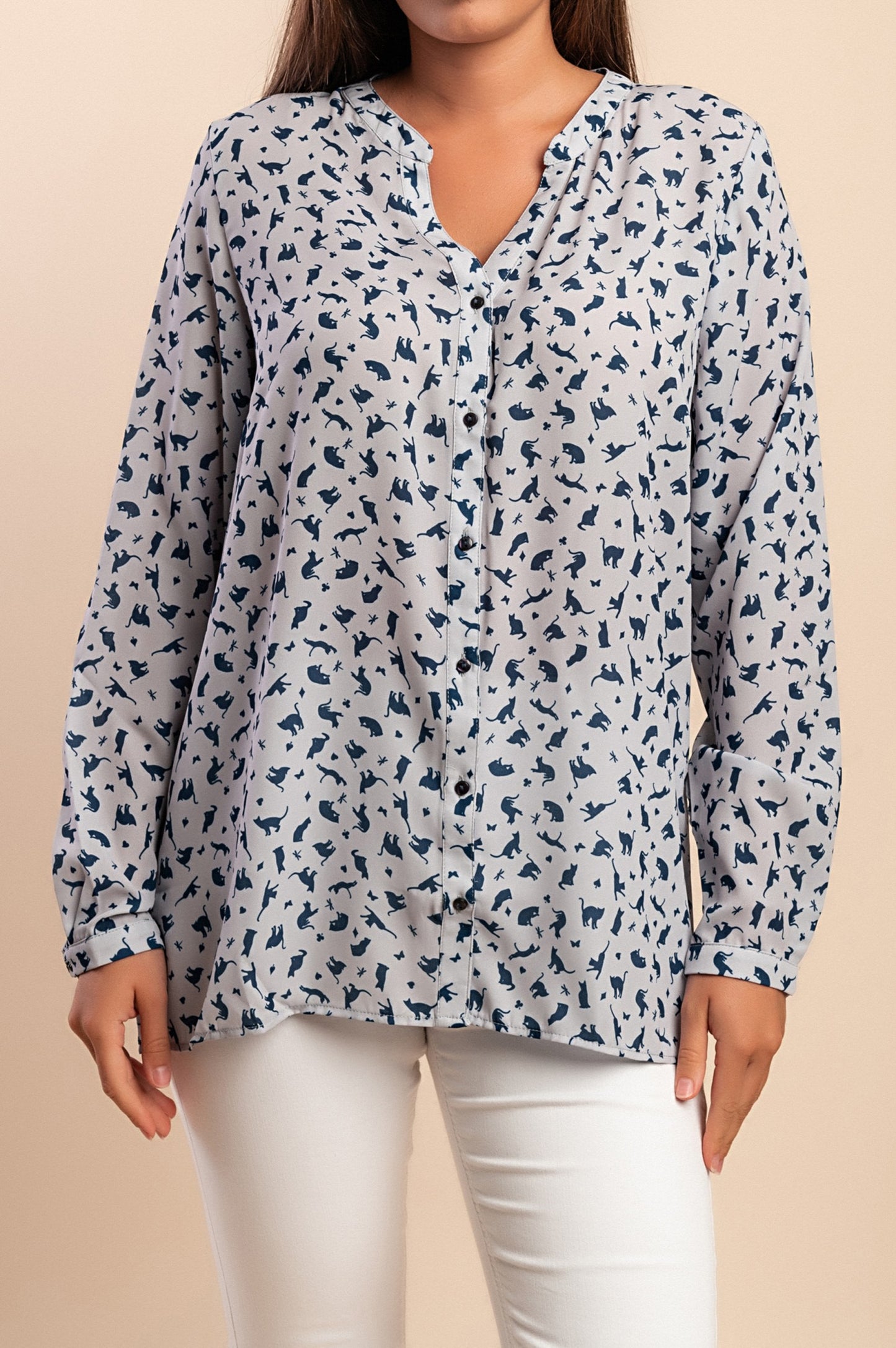 Blusa stampata taglie forti, azzurra