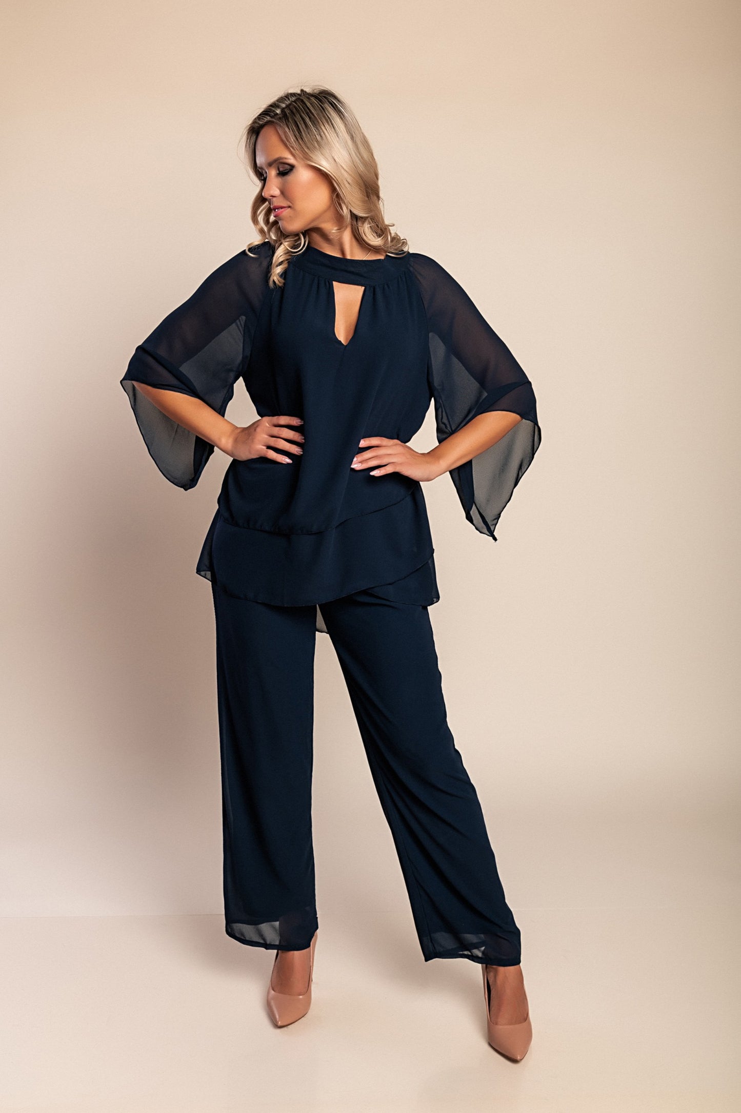 Elegante set tunica e pantaloni lunghi, blu scuro