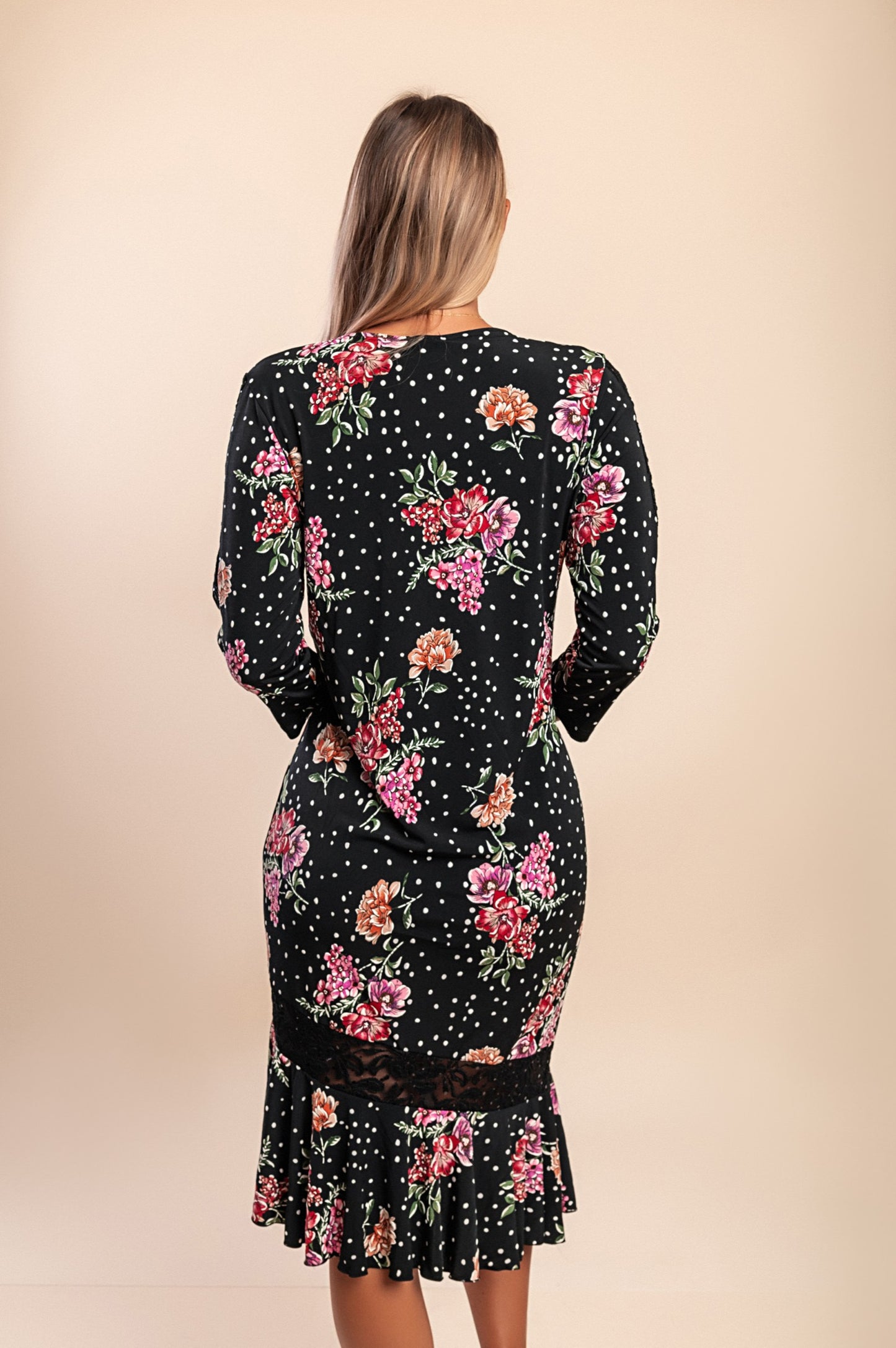 Abito midi con stampa floreale, nero