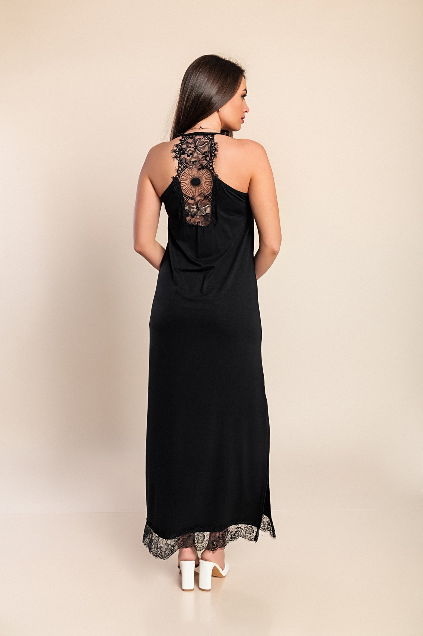 VESTITO MAXI CON PIZZO PRIMAROSA, NERO
