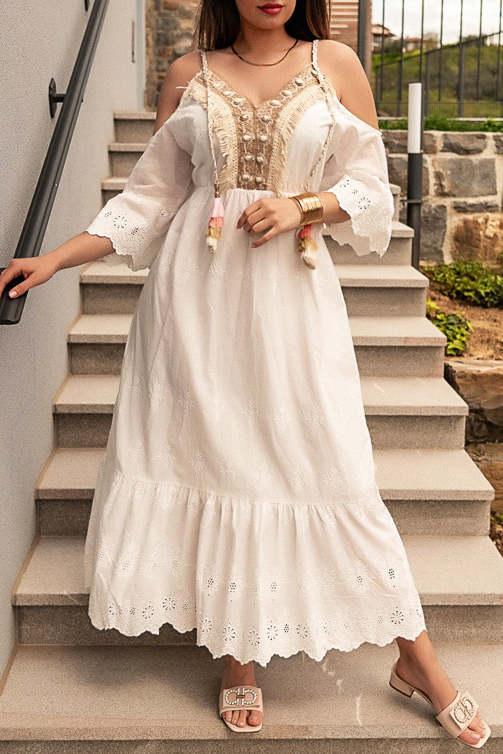 Maxi abito mare con ricamo Fioranna, bianco