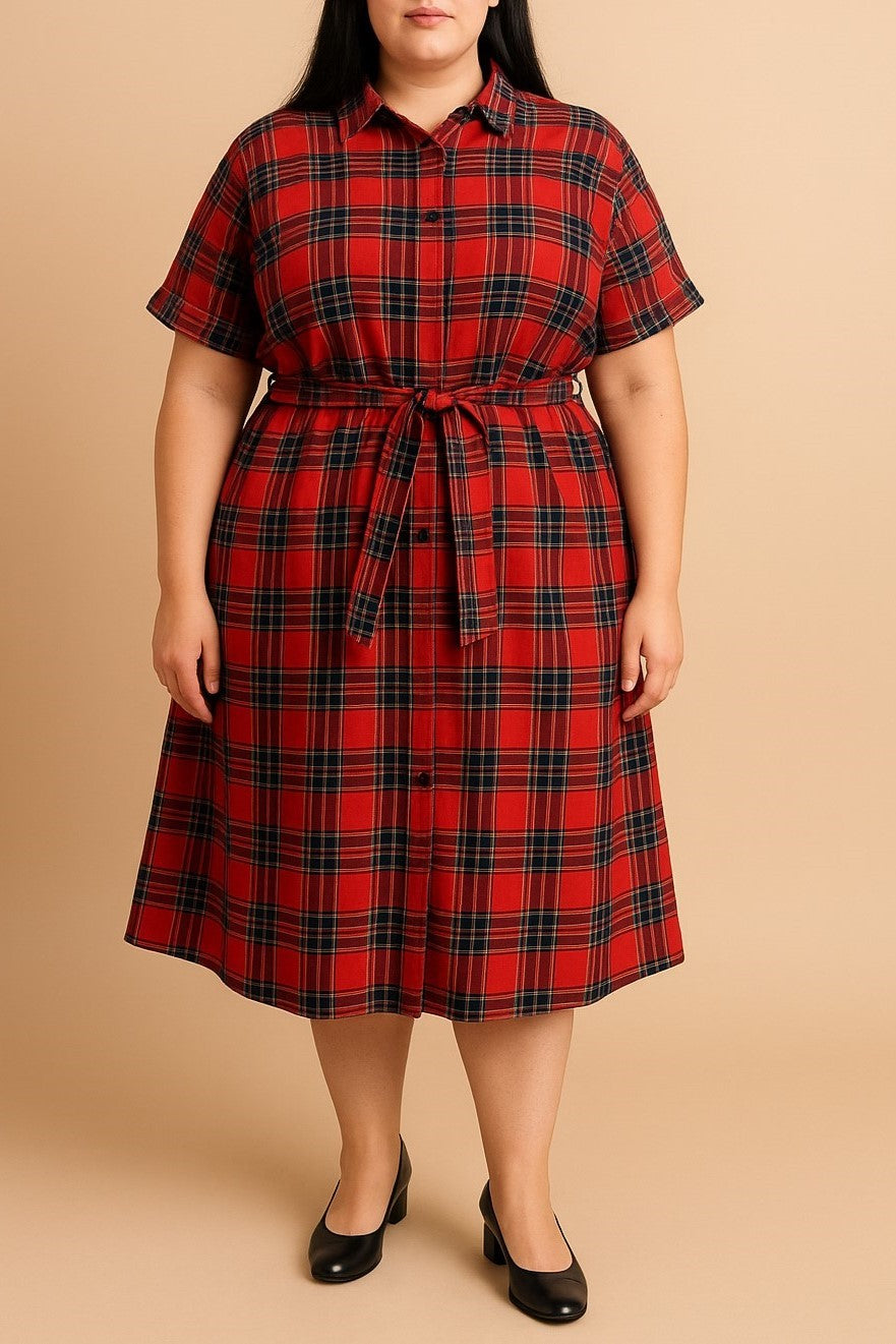 Abito camicia taglie forti con stampa a quadri, rosso