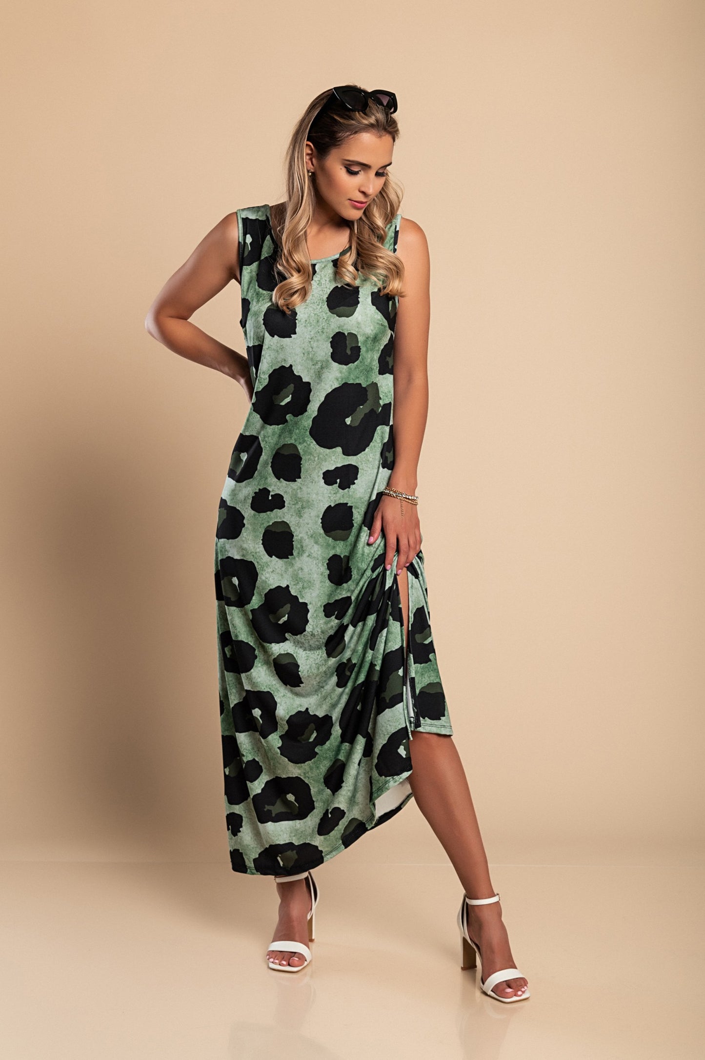 Abito lungo leopardato, verde