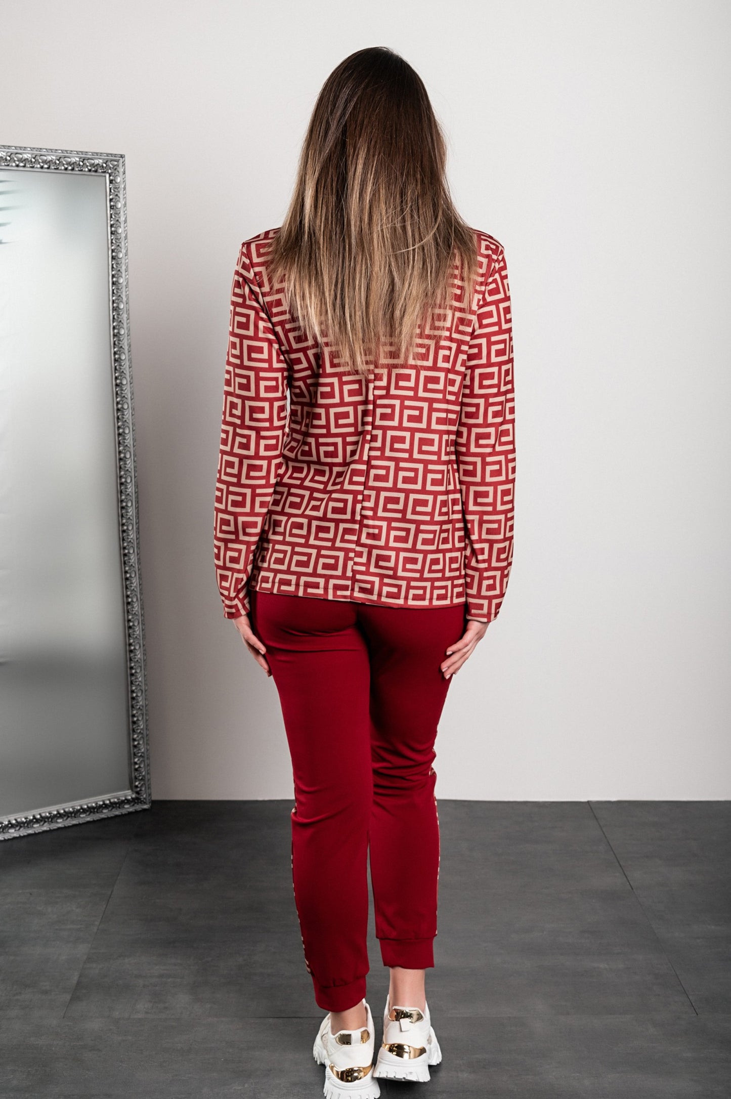 Completo pantalone con blazer elegante con stampa geometrica Nunzia, beige