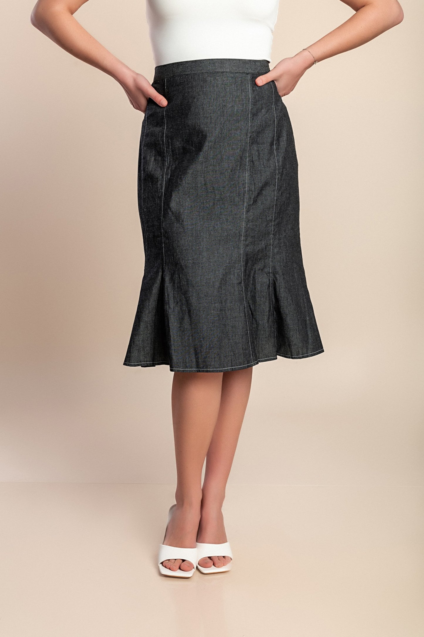 Gonna midi in denim taglie forti, grigia
