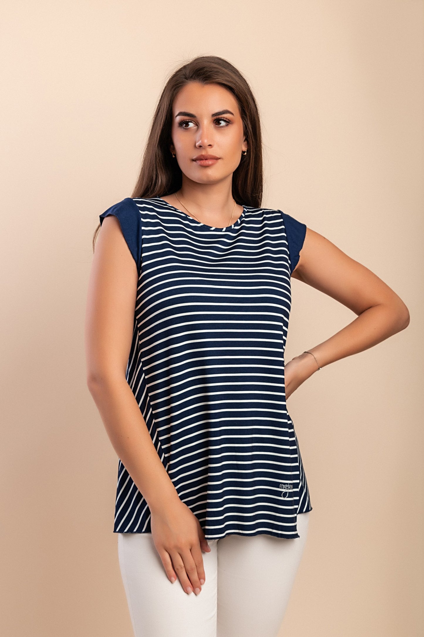 Top con stampa a righe, beige