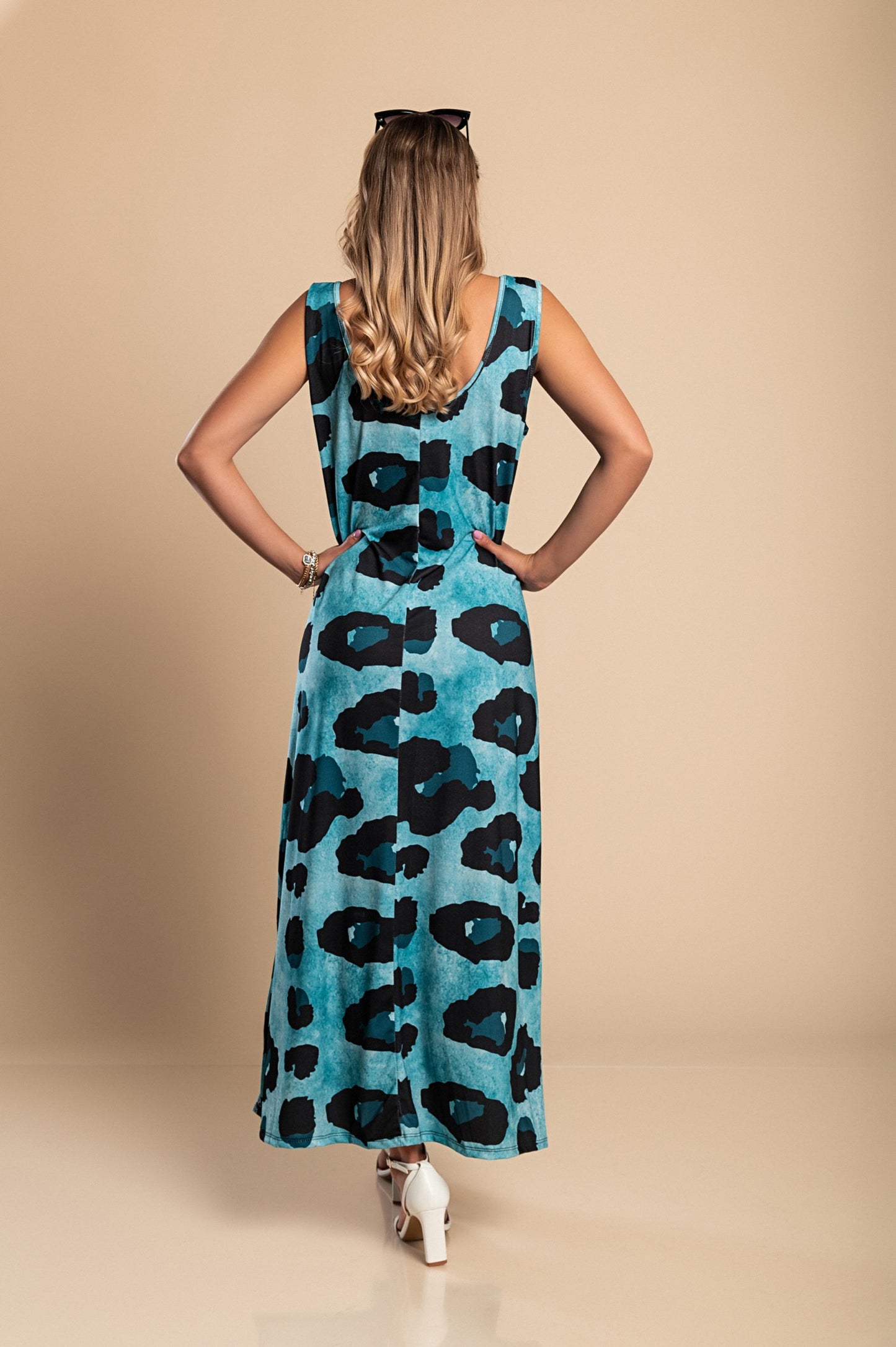 Abito lungo con stampa leopardata, blu