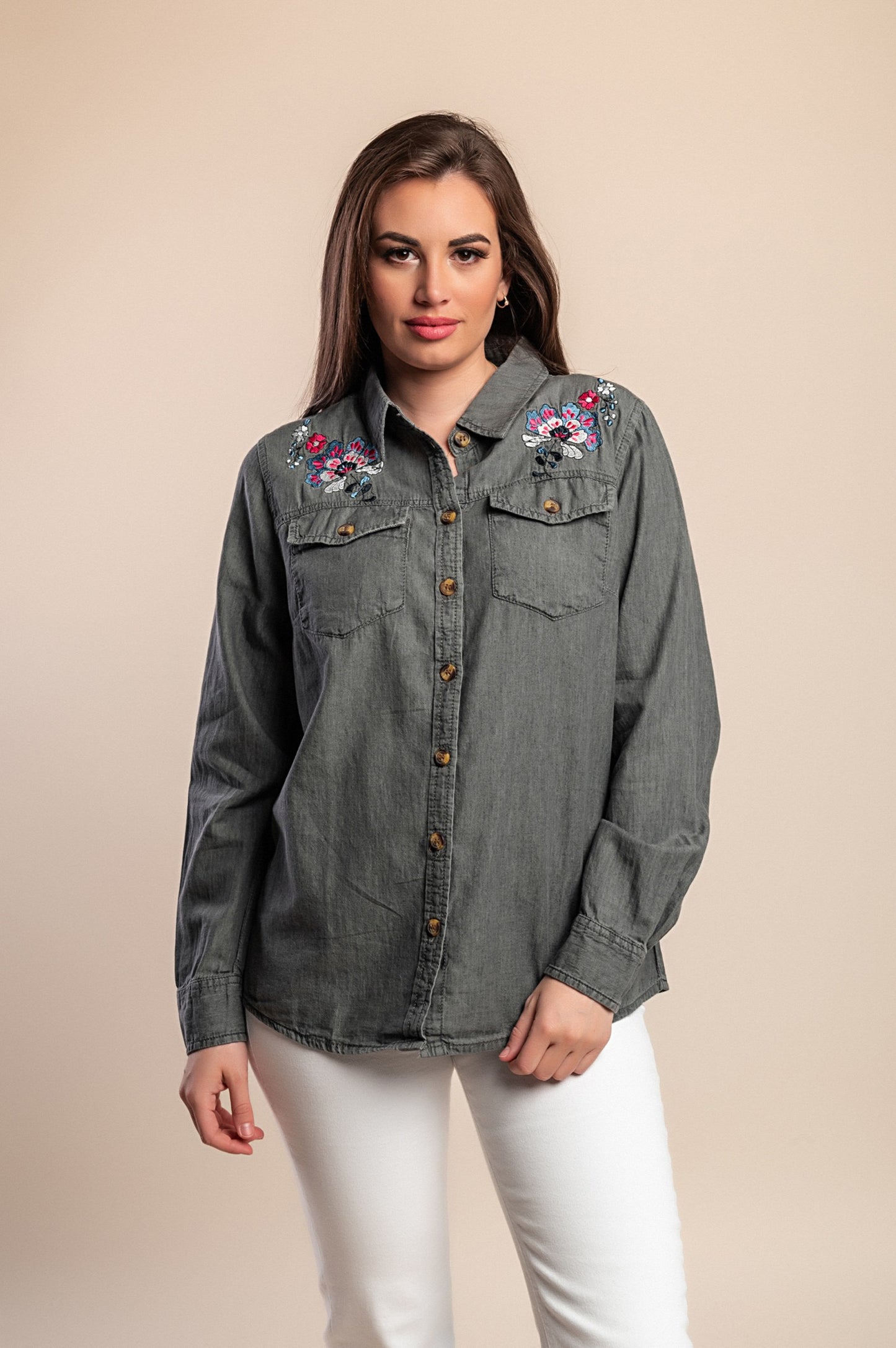 Camicia in denim taglie forti con ricamo, grigia
