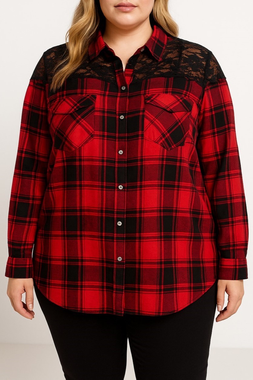 Camicia taglie forti con stampa a quadri, rossa