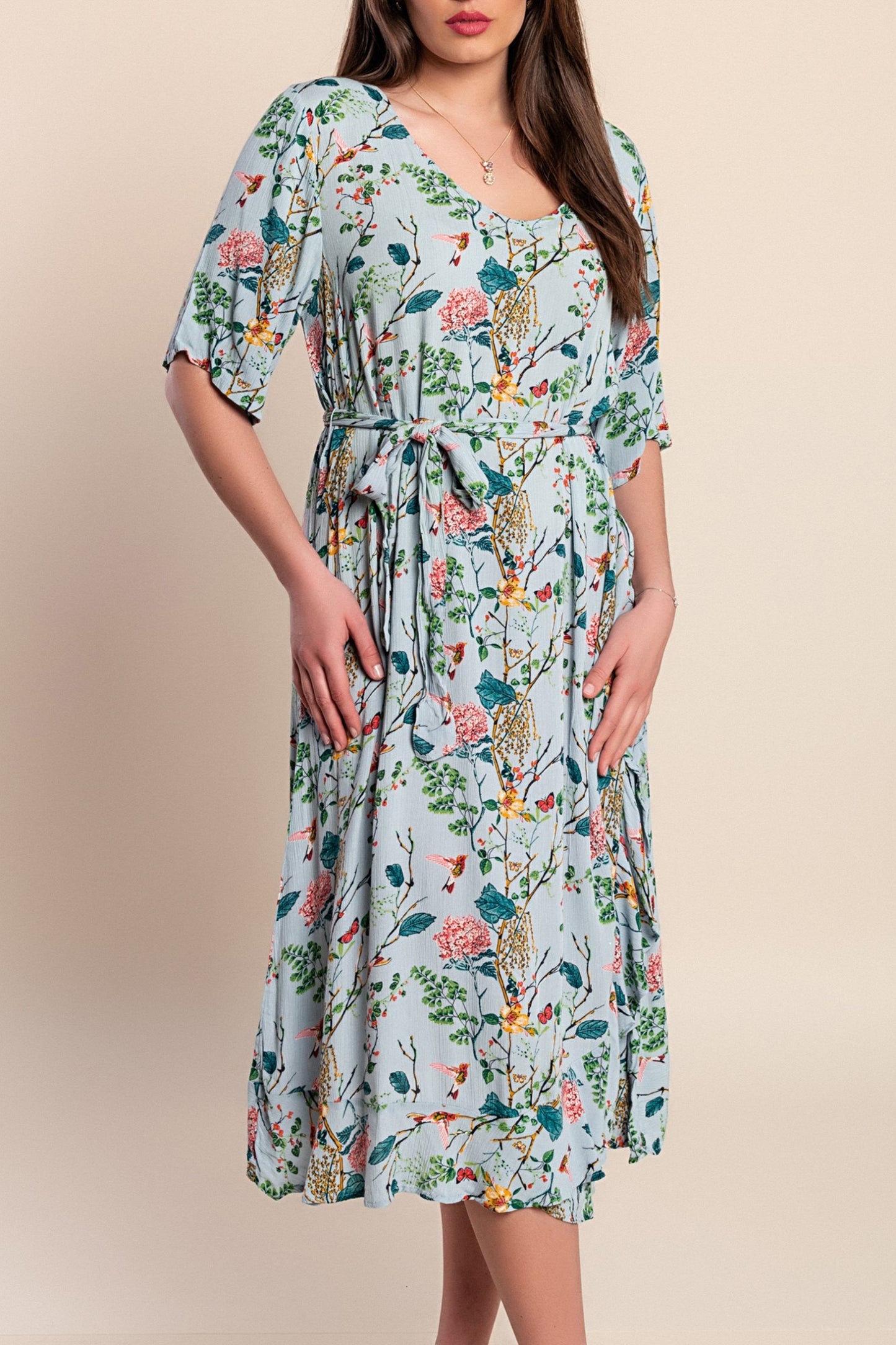 Abito midi con stampa floreale, azzurro