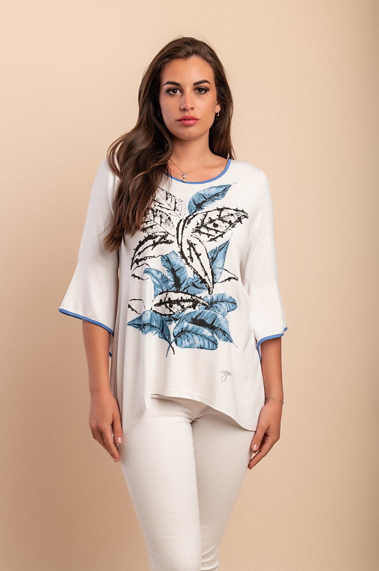 Top stampato con maniche a 3/4, blu