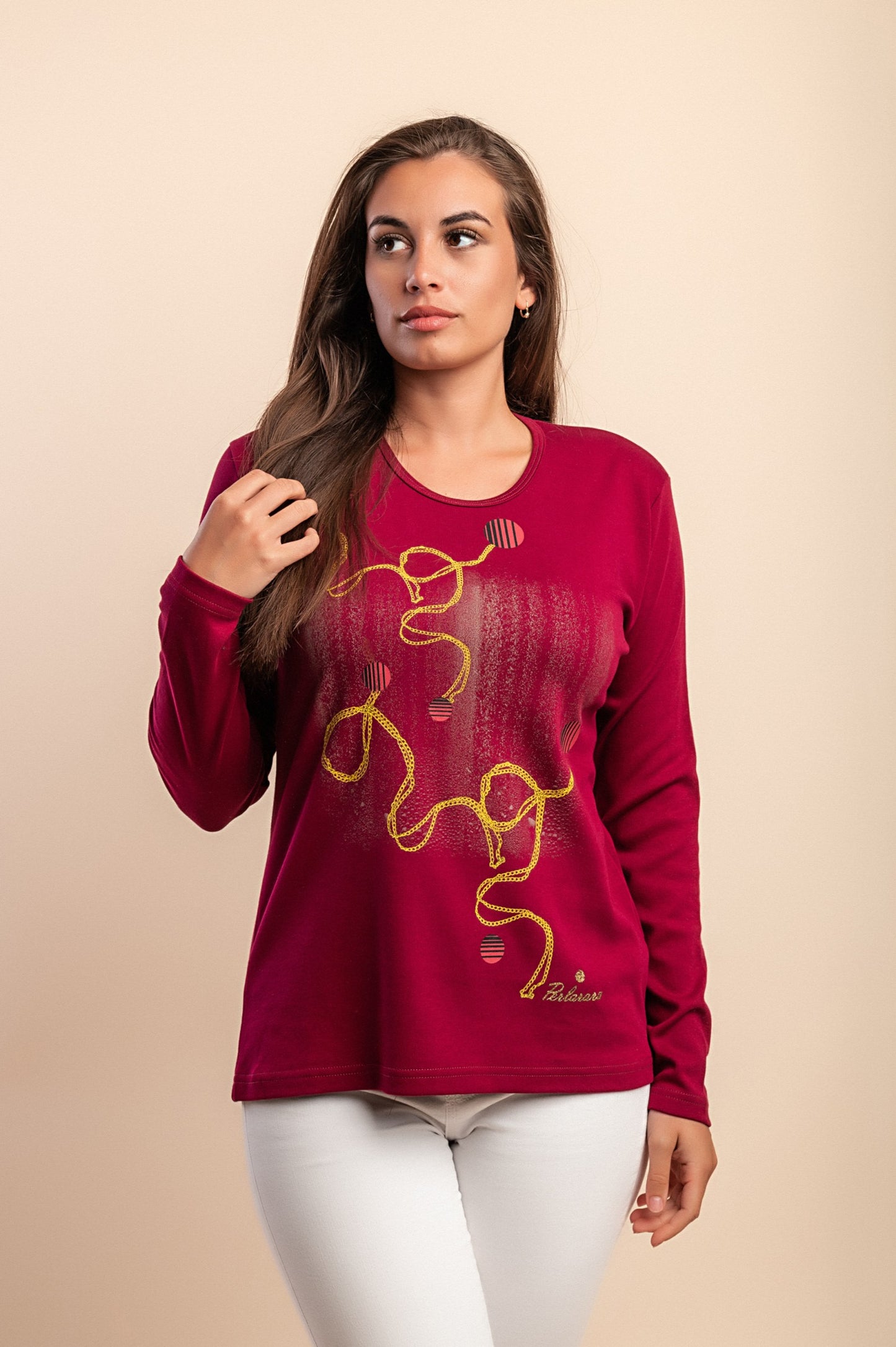 Top in cotone a maniche lunghe, bordeaux