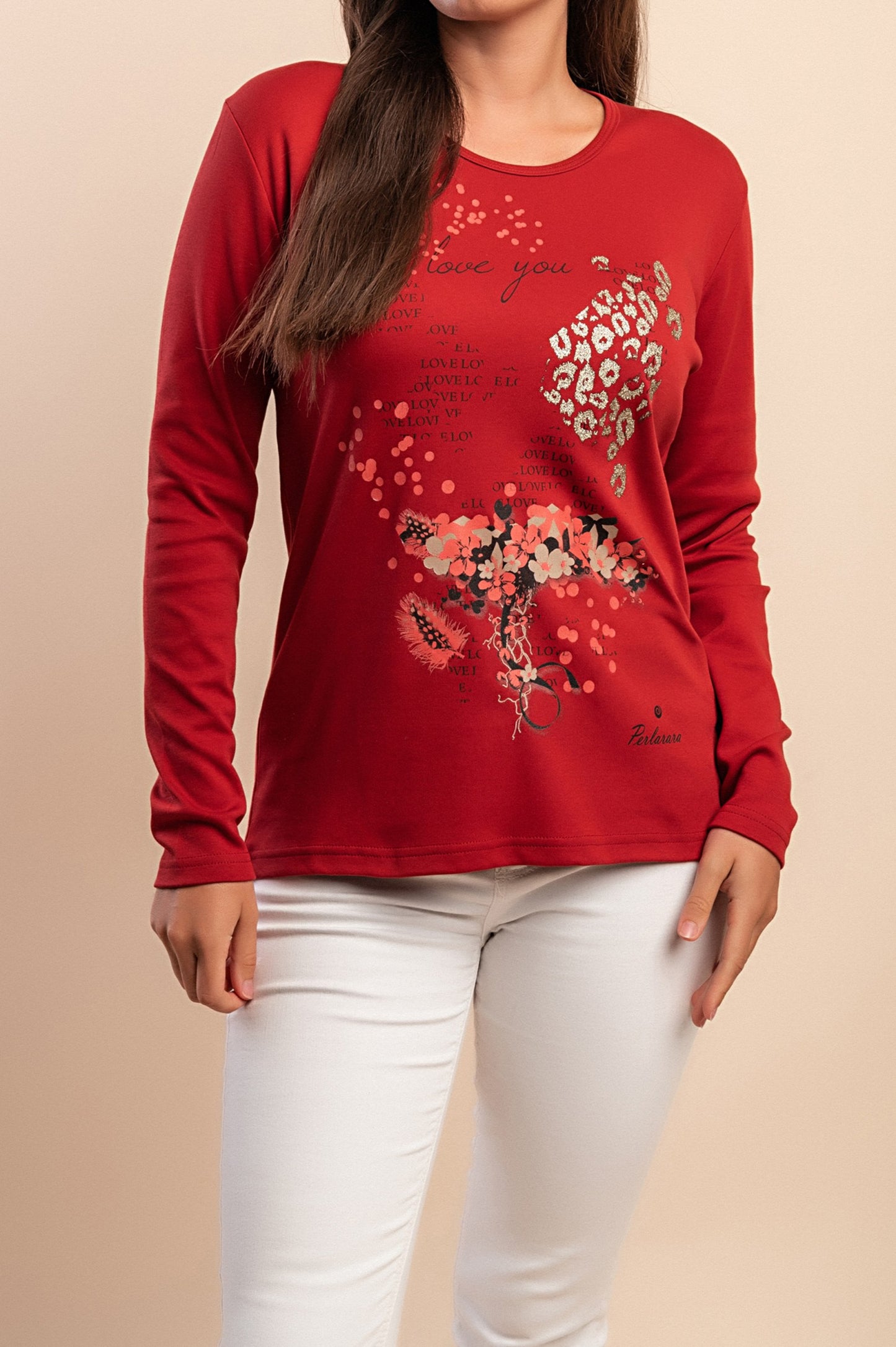 Top in cotone a maniche lunghe, terracotta