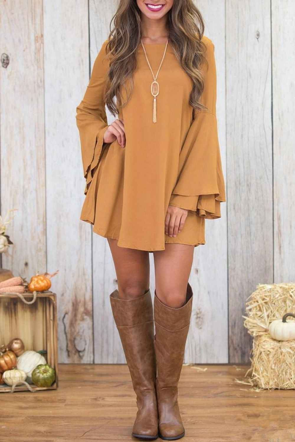 Vestito mini con maniche a campana Rania, senape