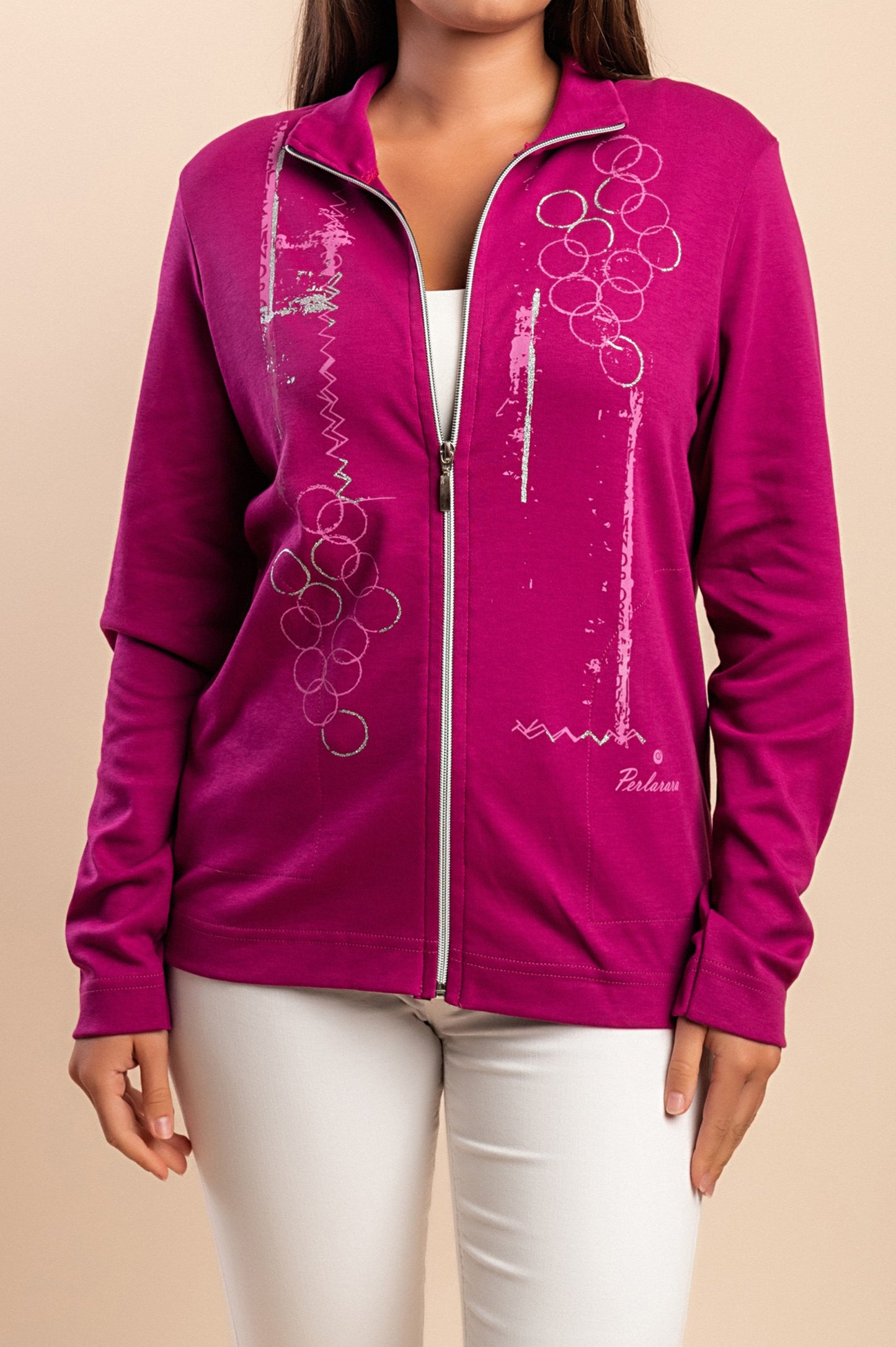 Felpa con zip in cotone, fucsia