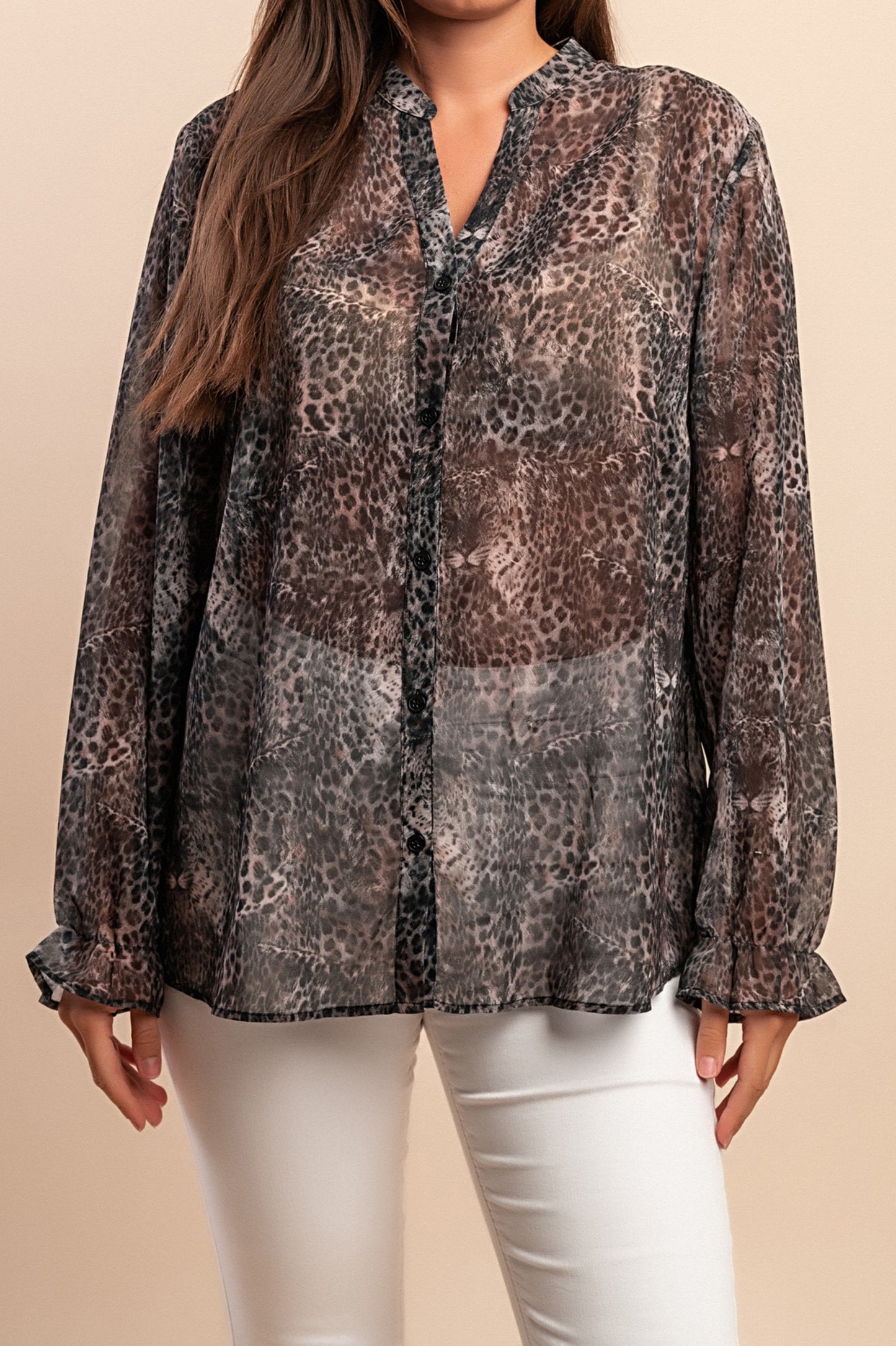 Camicia trasparente taglie forti con stampa, marrone